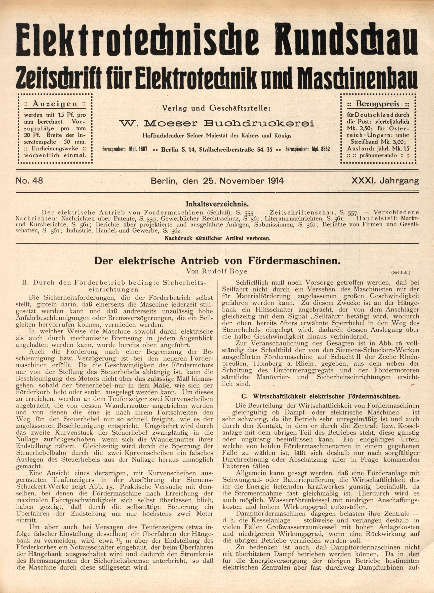 Elektrotechnische Rundschau : Zeitschrift für Elektrotechnik und Maschinenbau + Polytechnische Rundschau, No. 48, XXXI. Jahrgang