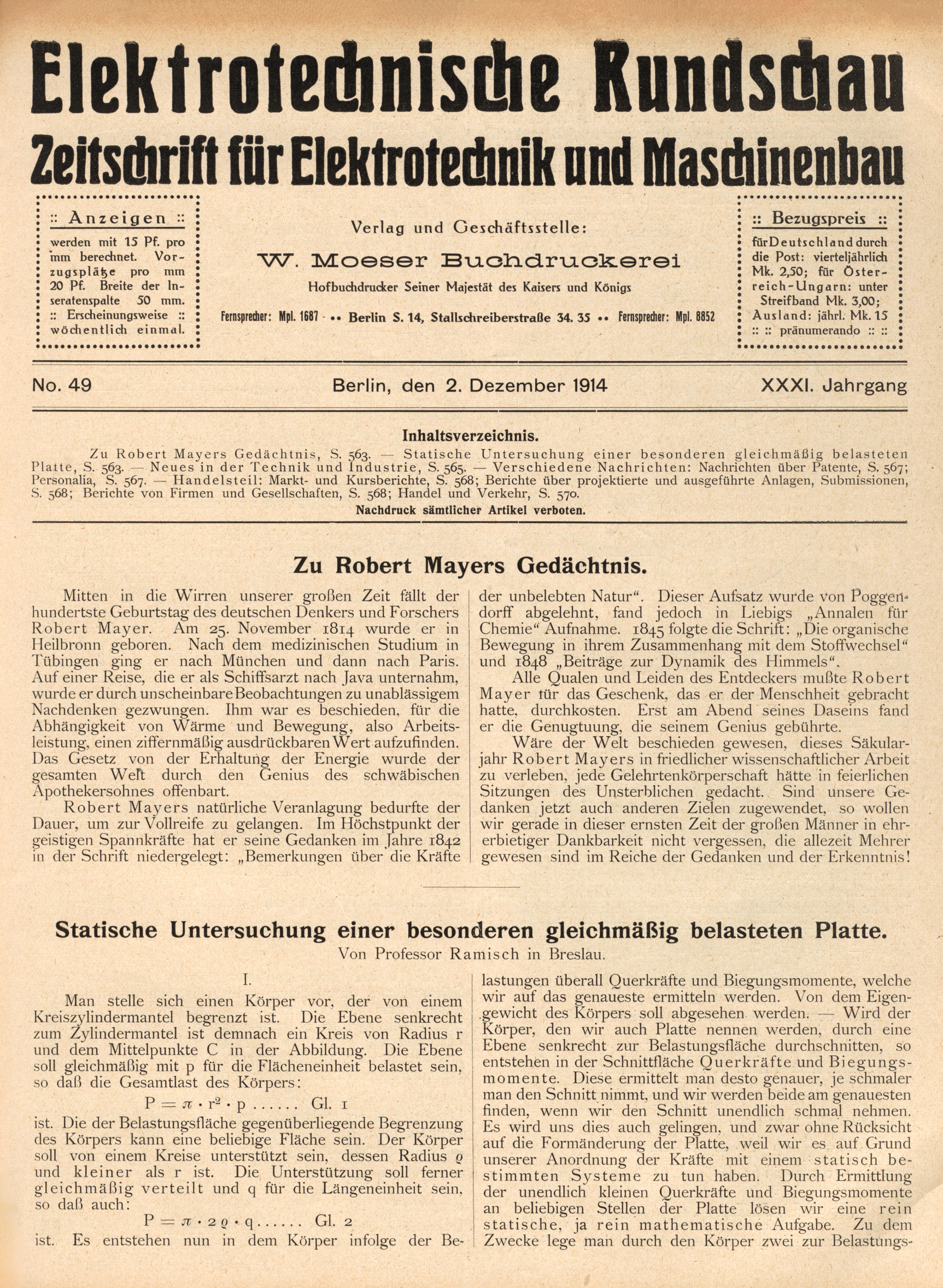 Elektrotechnische Rundschau : Zeitschrift für Elektrotechnik und Maschinenbau + Polytechnische Rundschau, No. 49, XXXI. Jahrgang