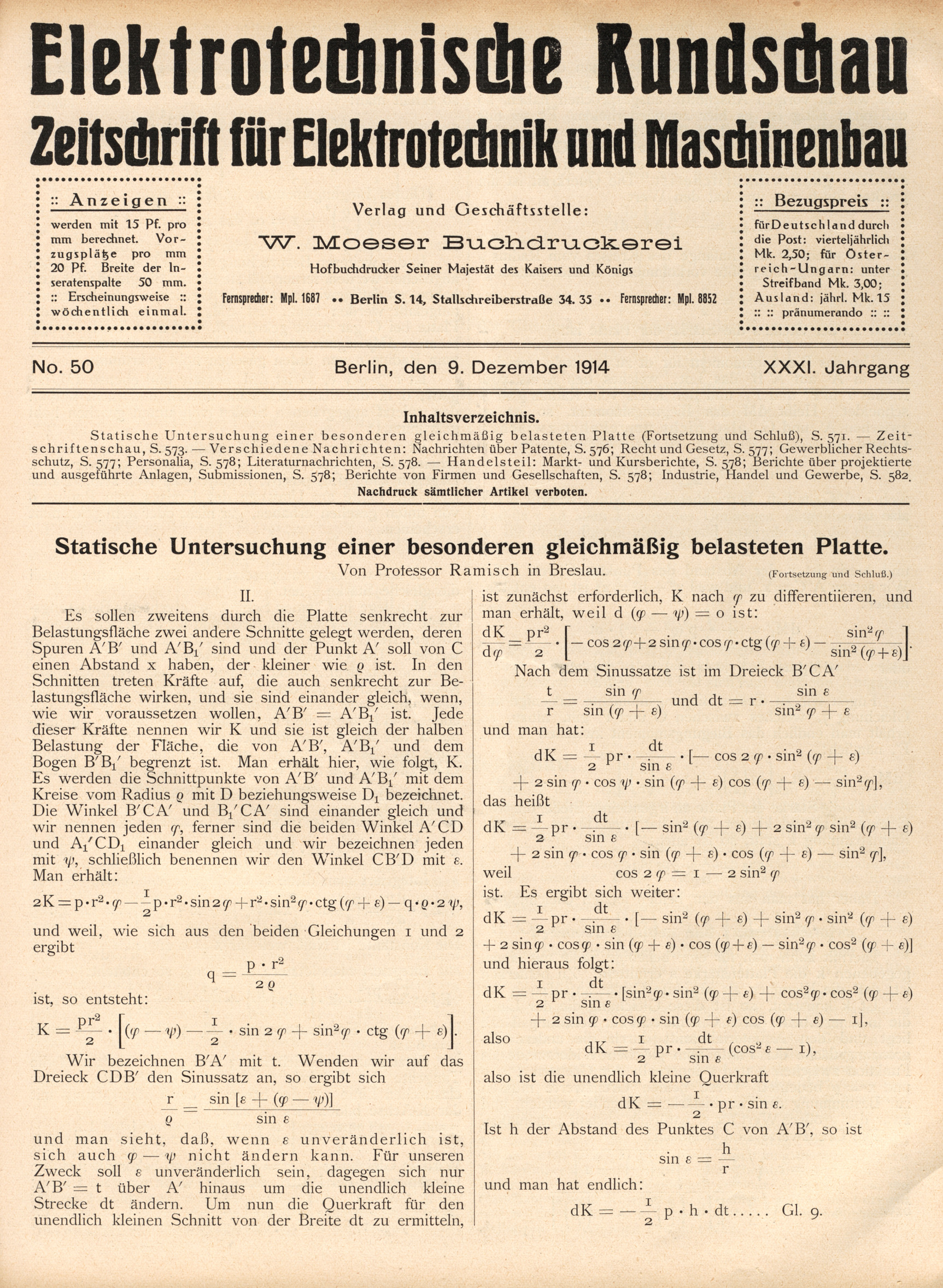 Elektrotechnische Rundschau : Zeitschrift für Elektrotechnik und Maschinenbau + Polytechnische Rundschau, No. 50, XXXI. Jahrgang