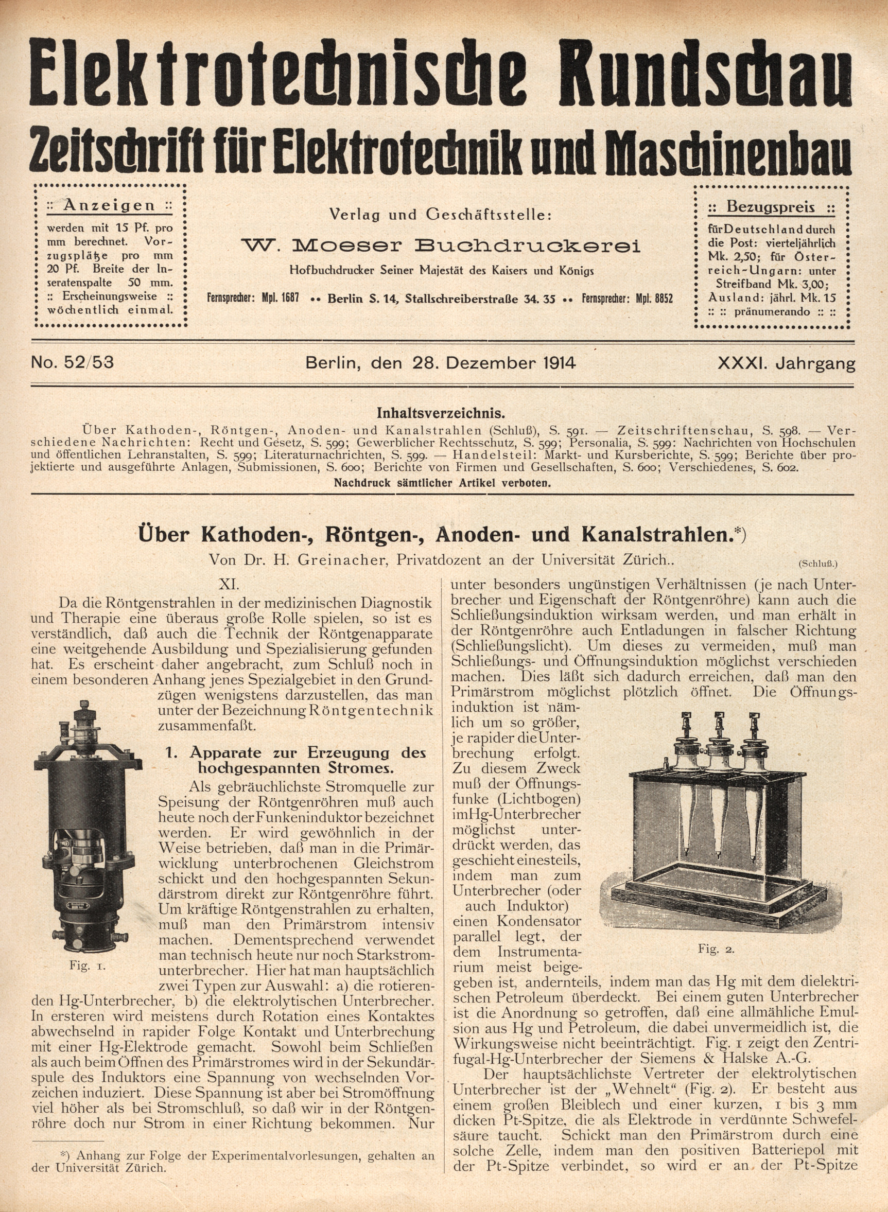 Elektrotechnische Rundschau : Zeitschrift für Elektrotechnik und Maschinenbau + Polytechnische Rundschau, No. 52/53, XXXI. Jahrgang