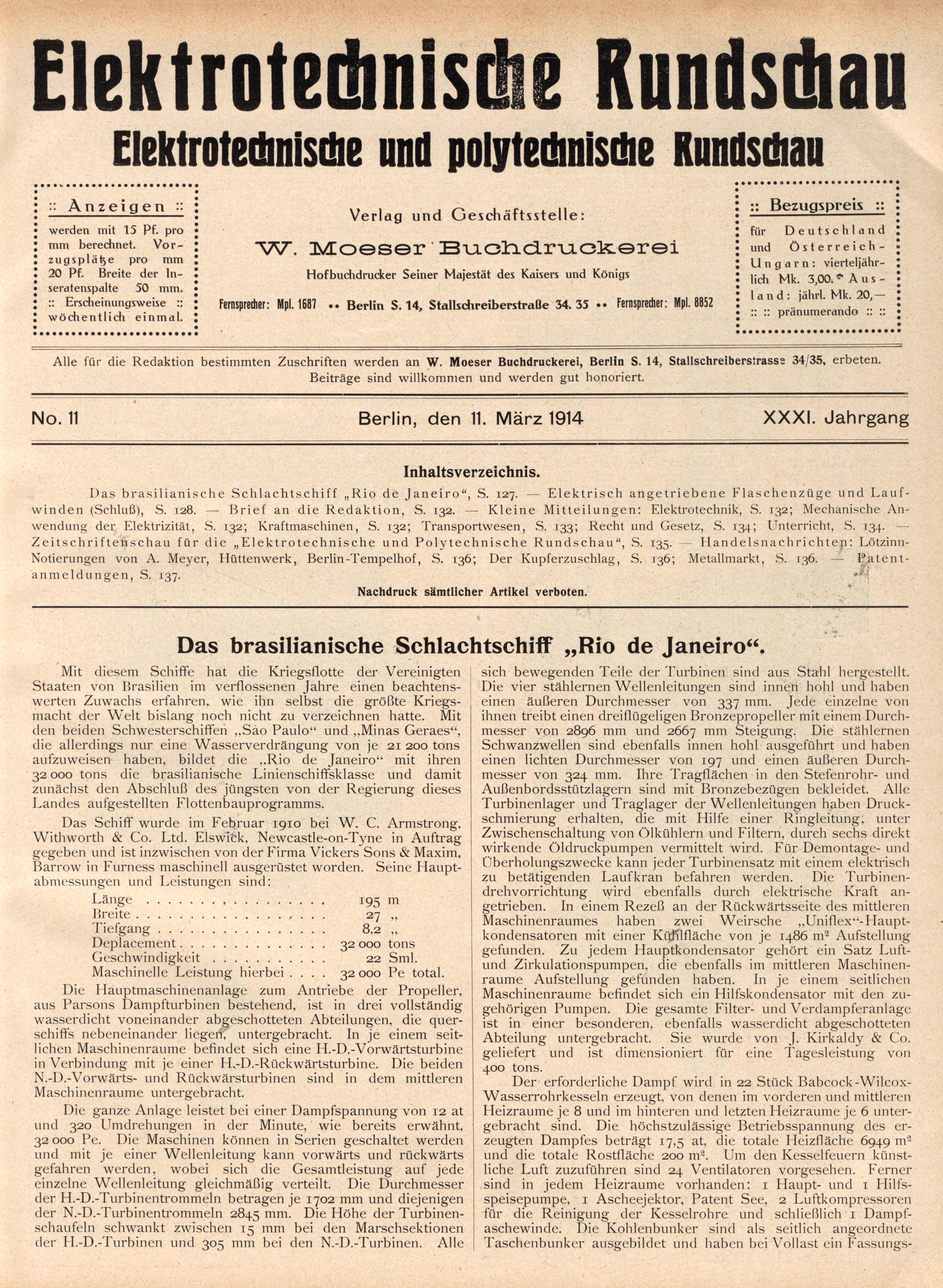 Elektrotechnische Rundschau : Elektrotechnische und polytechnische Rundschau, No. 11, XXXI. Jahrgang