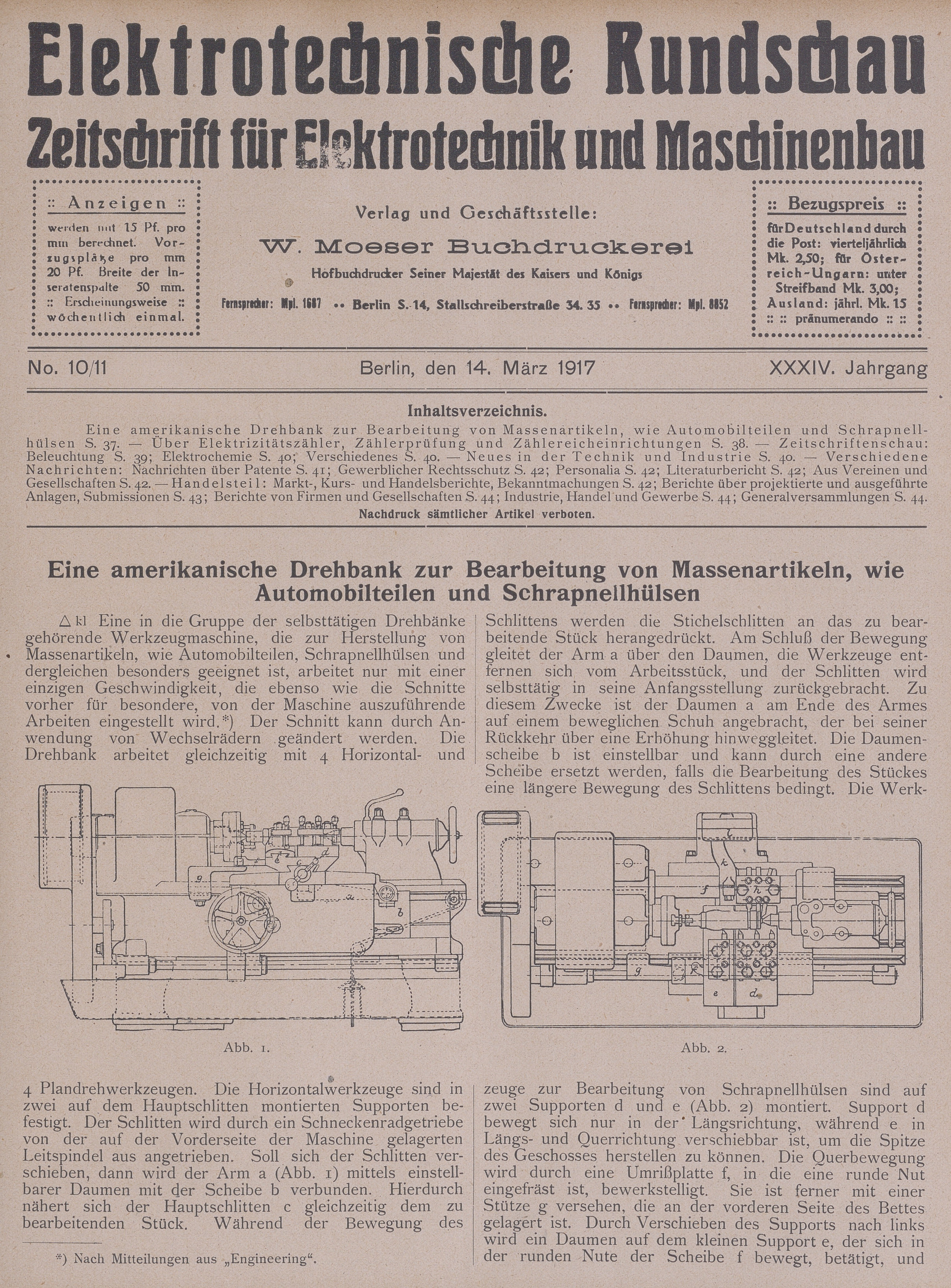 Elektrotechnische Rundschau : Zeitschrift für Elektrotechnik und Maschinenbau + Polytechnische Rundschau, No. 10/11, XXXIV. Jahrgang