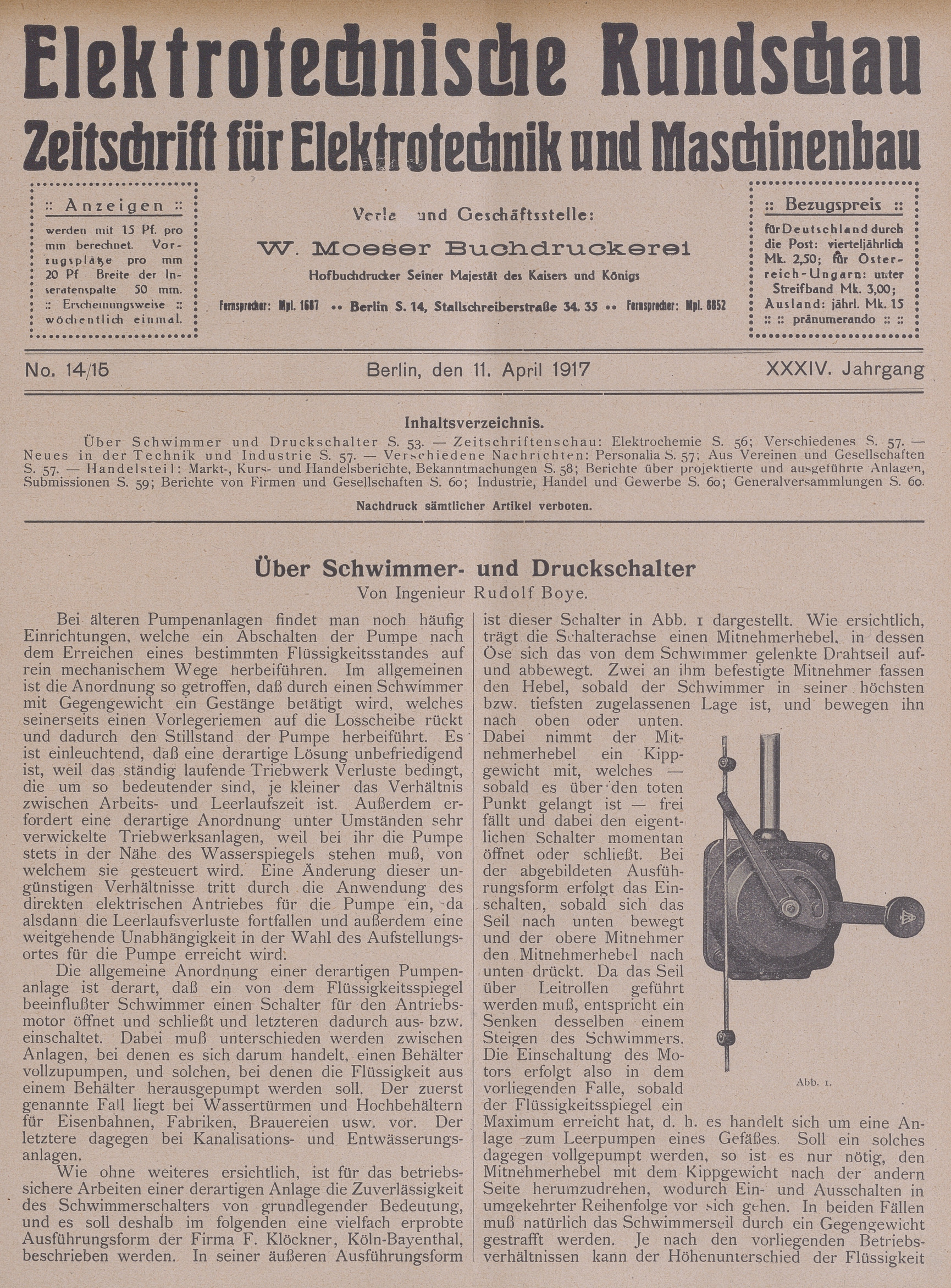 Elektrotechnische Rundschau : Zeitschrift für Elektrotechnik und Maschinenbau + Polytechnische Rundschau, No. 14/15, XXXIV. Jahrgang
