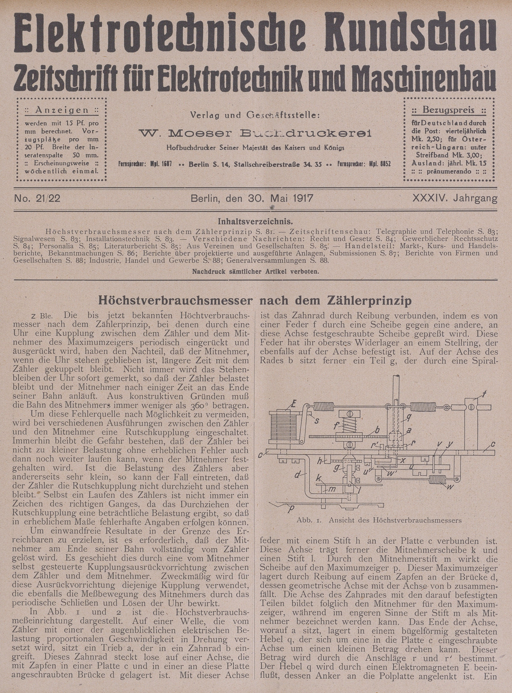 Elektrotechnische Rundschau : Zeitschrift für Elektrotechnik und Maschinenbau + Polytechnische Rundschau, No. 21/22, XXXIV. Jahrgang