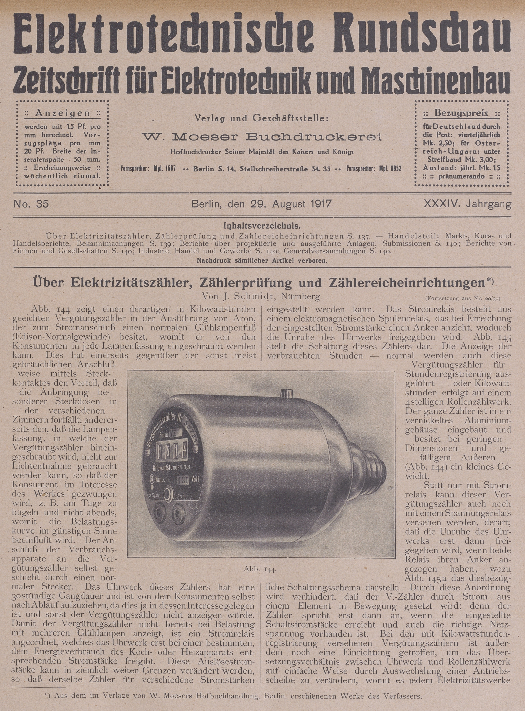 Elektrotechnische Rundschau : Zeitschrift für Elektrotechnik und Maschinenbau + Polytechnische Rundschau, No. 35, XXXIV. Jahrgang