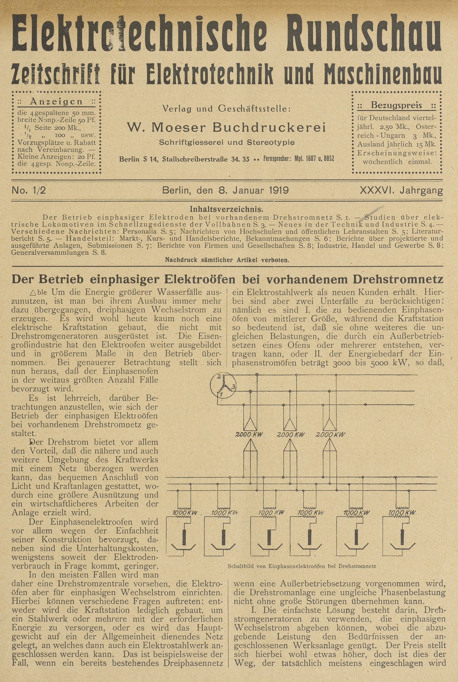 Elektrotechnische Rundschau : Zeitschrift für Elektrotechnik und Maschinenbau + Polytechnische Rundschau, No. 1/2, XXXVI. Jahrgang