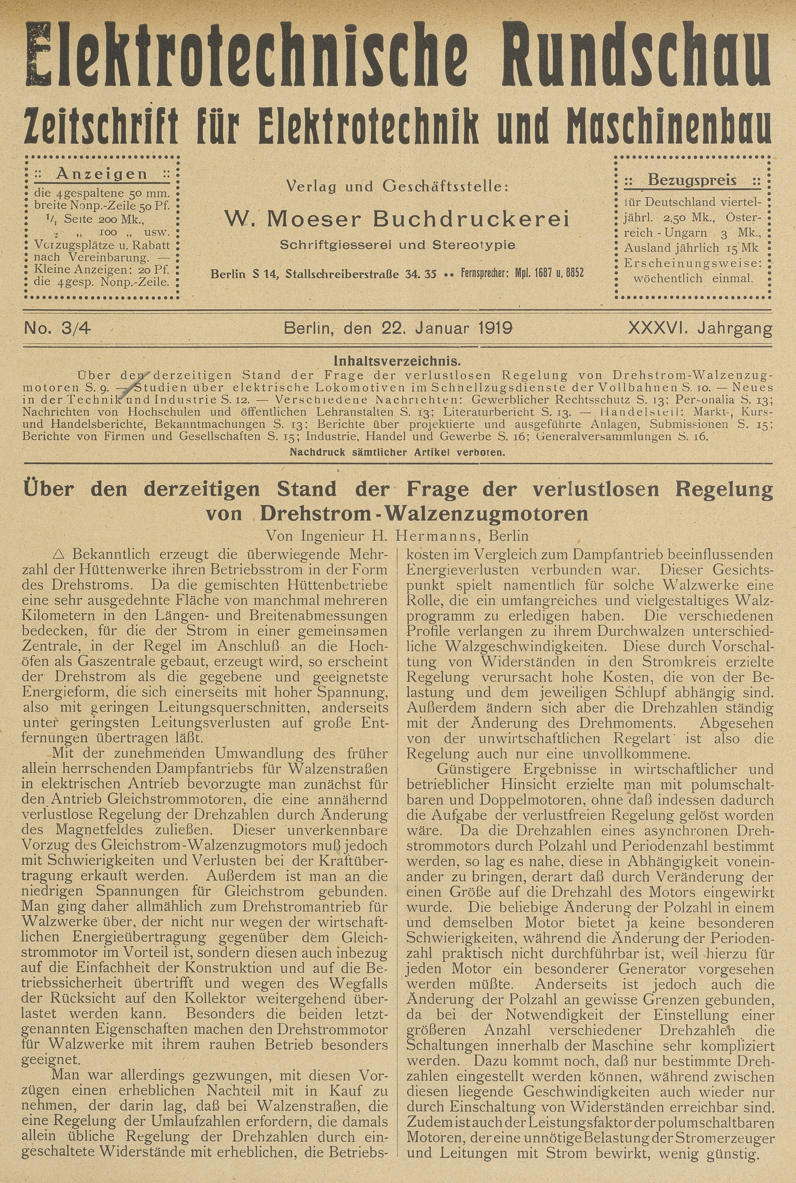 Elektrotechnische Rundschau : Zeitschrift für Elektrotechnik und Maschinenbau + Polytechnische Rundschau, No. 3/4, XXXVI. Jahrgang