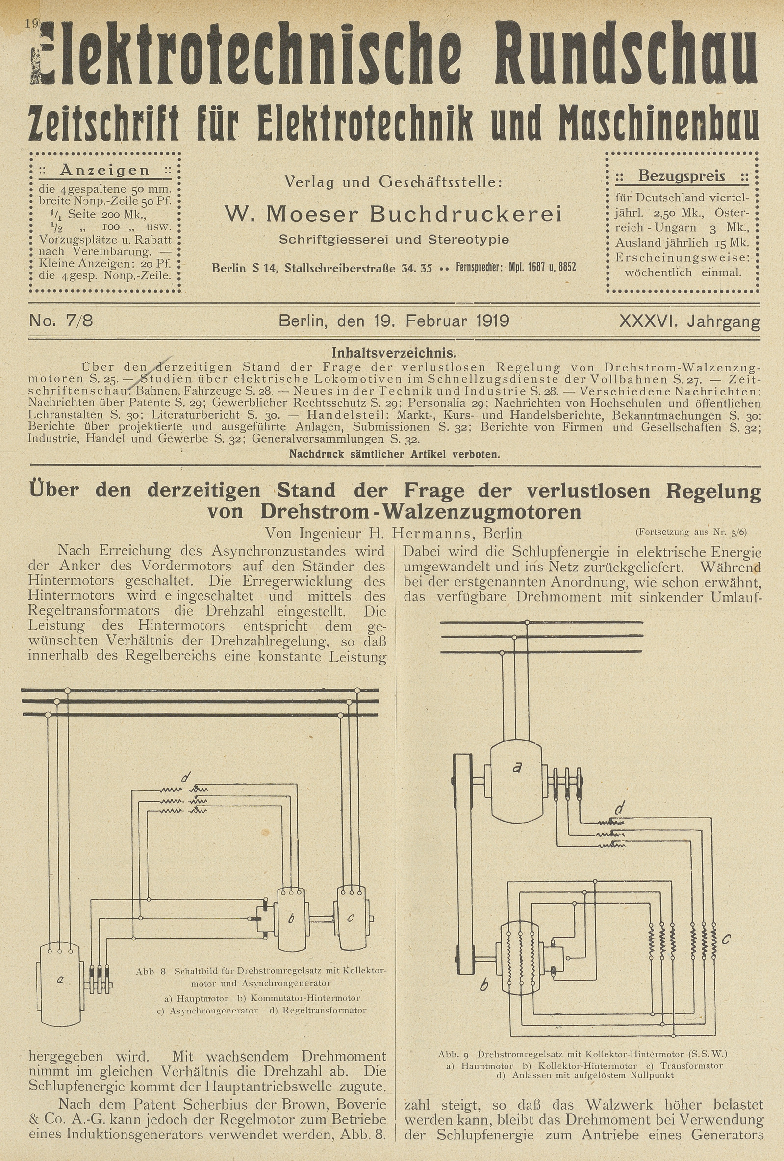 Elektrotechnische Rundschau : Zeitschrift für Elektrotechnik und Maschinenbau + Polytechnische Rundschau, No. 7/8, XXXVI. Jahrgang