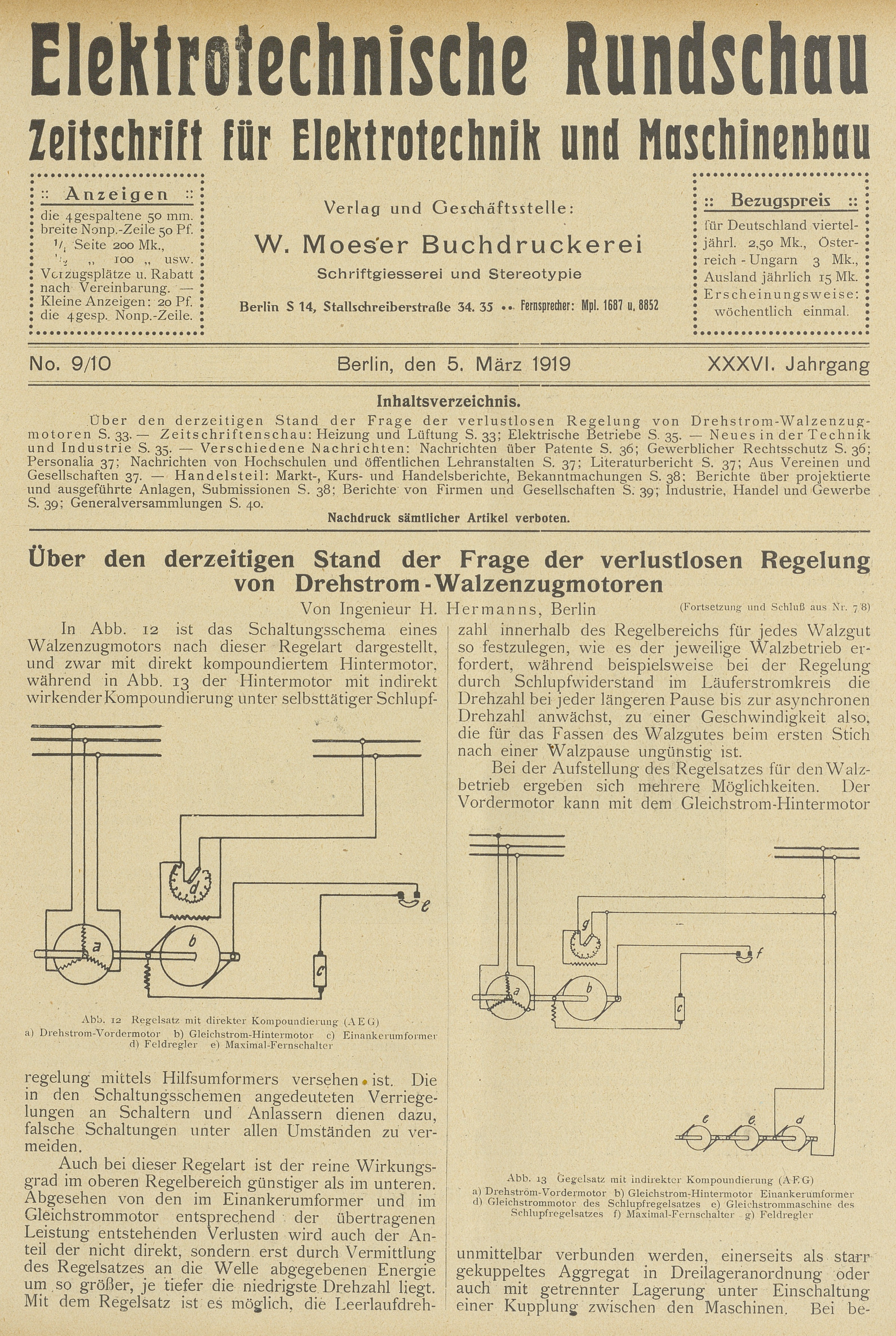 Elektrotechnische Rundschau : Zeitschrift für Elektrotechnik und Maschinenbau + Polytechnische Rundschau, No. 9/10, XXXVI. Jahrgang