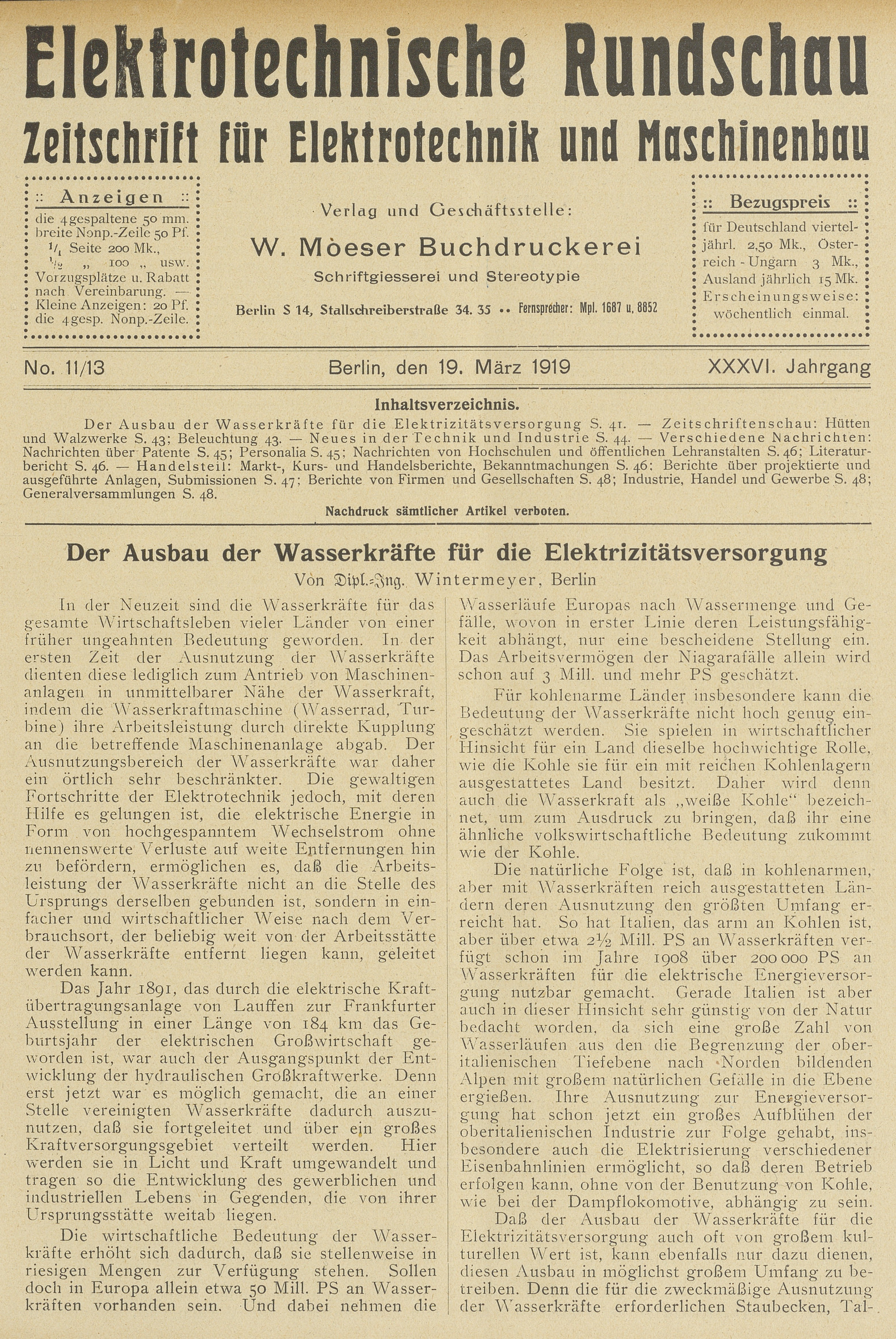 Elektrotechnische Rundschau : Zeitschrift für Elektrotechnik und Maschinenbau + Polytechnische Rundschau, No. 11/13, XXXVI. Jahrgang