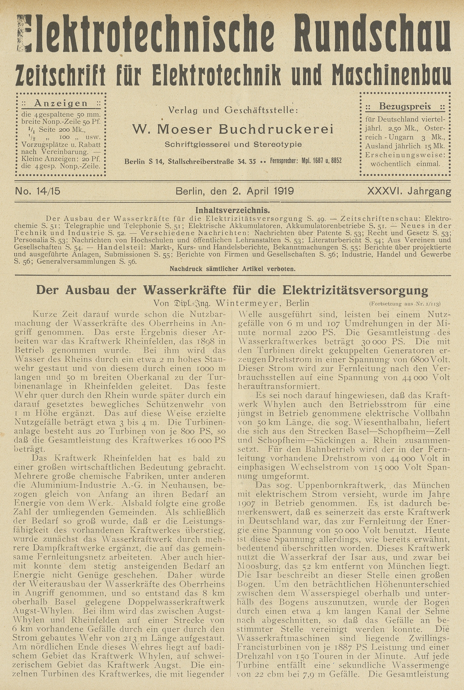 Elektrotechnische Rundschau : Zeitschrift für Elektrotechnik und Maschinenbau + Polytechnische Rundschau, No. 14/15, XXXVI. Jahrgang