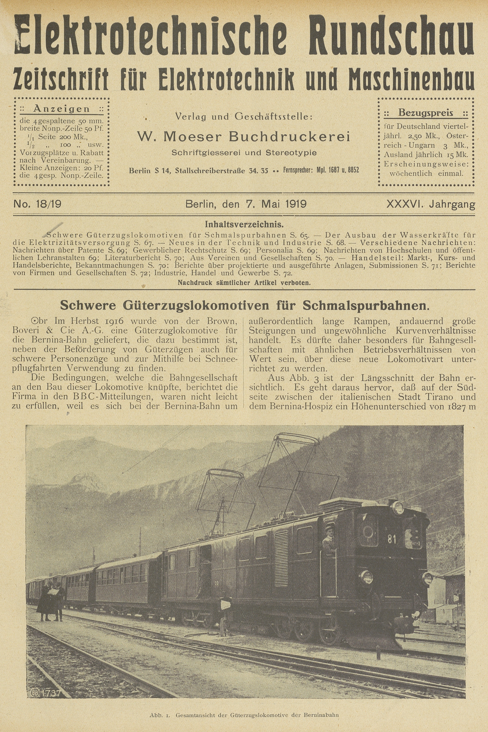 Elektrotechnische Rundschau : Zeitschrift für Elektrotechnik und Maschinenbau + Polytechnische Rundschau, No. 18/19, XXXVI. Jahrgang