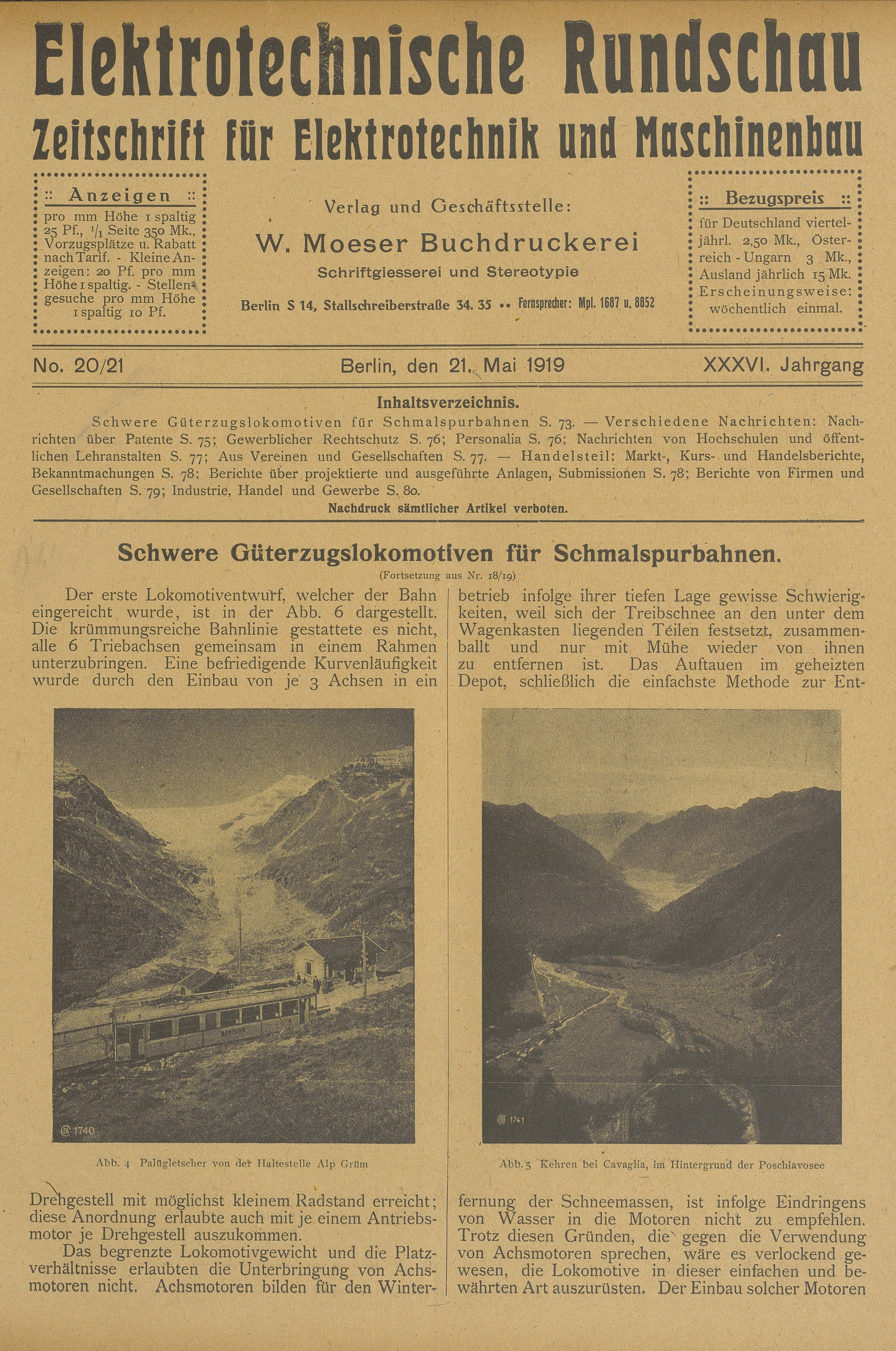 Elektrotechnische Rundschau : Zeitschrift für Elektrotechnik und Maschinenbau + Polytechnische Rundschau, No. 20/21, XXXVI. Jahrgang