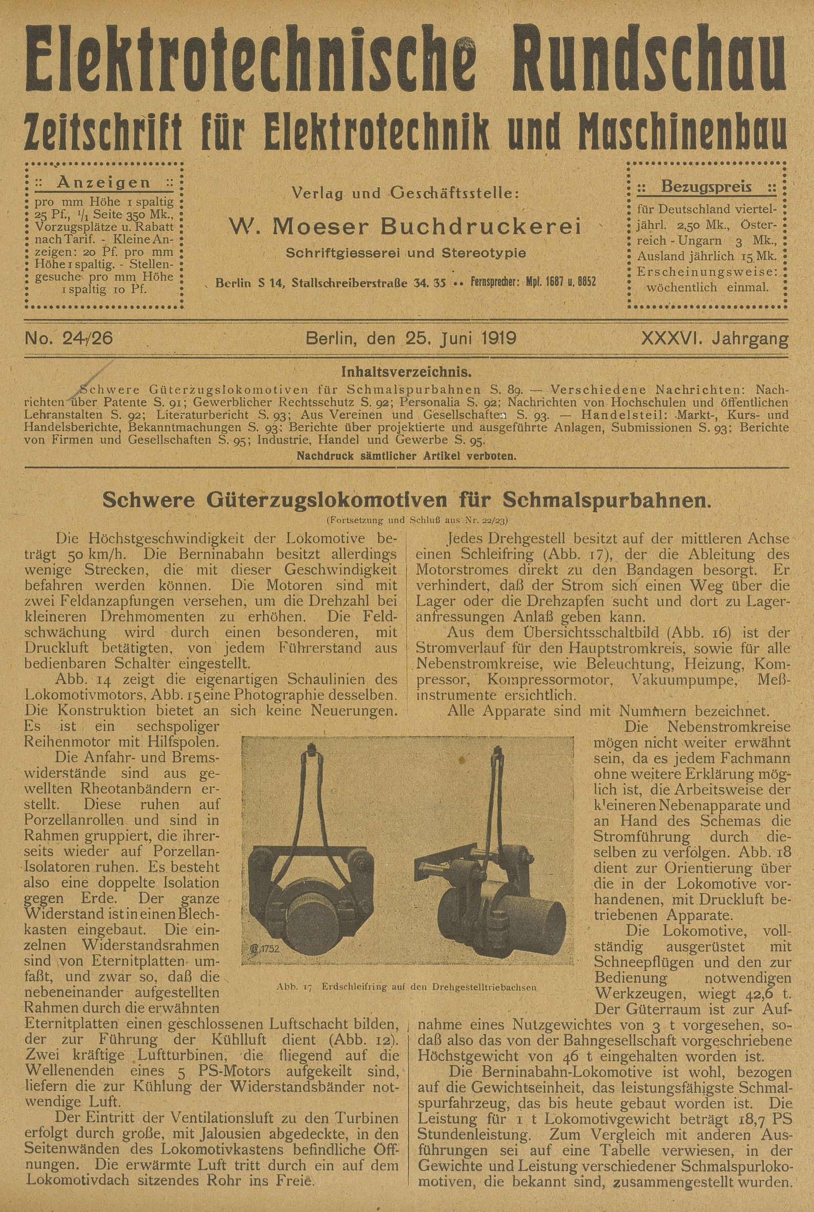 Elektrotechnische Rundschau : Zeitschrift für Elektrotechnik und Maschinenbau + Polytechnische Rundschau, No. 24/26, XXXVI. Jahrgang