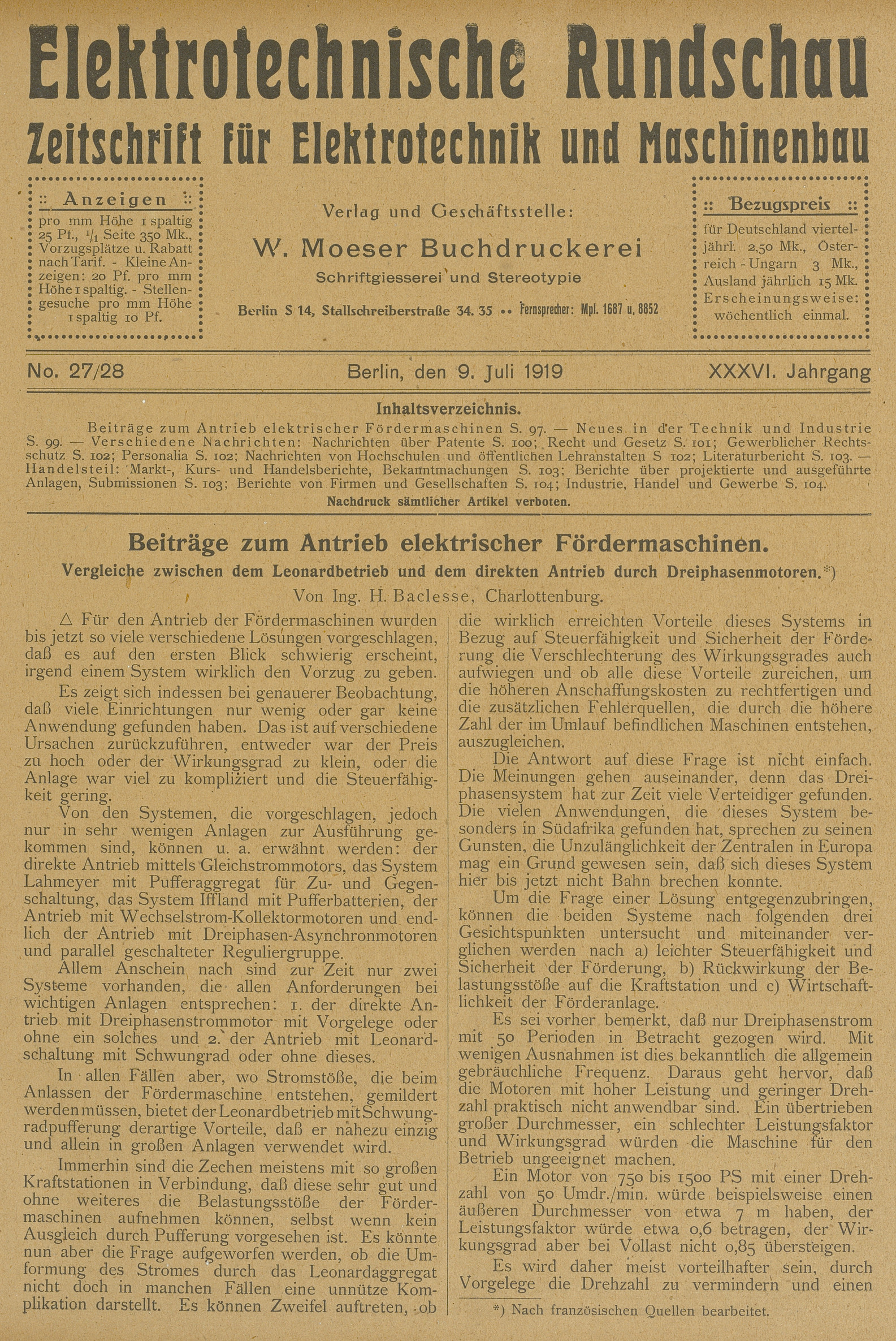 Elektrotechnische Rundschau : Zeitschrift für Elektrotechnik und Maschinenbau + Polytechnische Rundschau, No. 27/28, XXXVI. Jahrgang