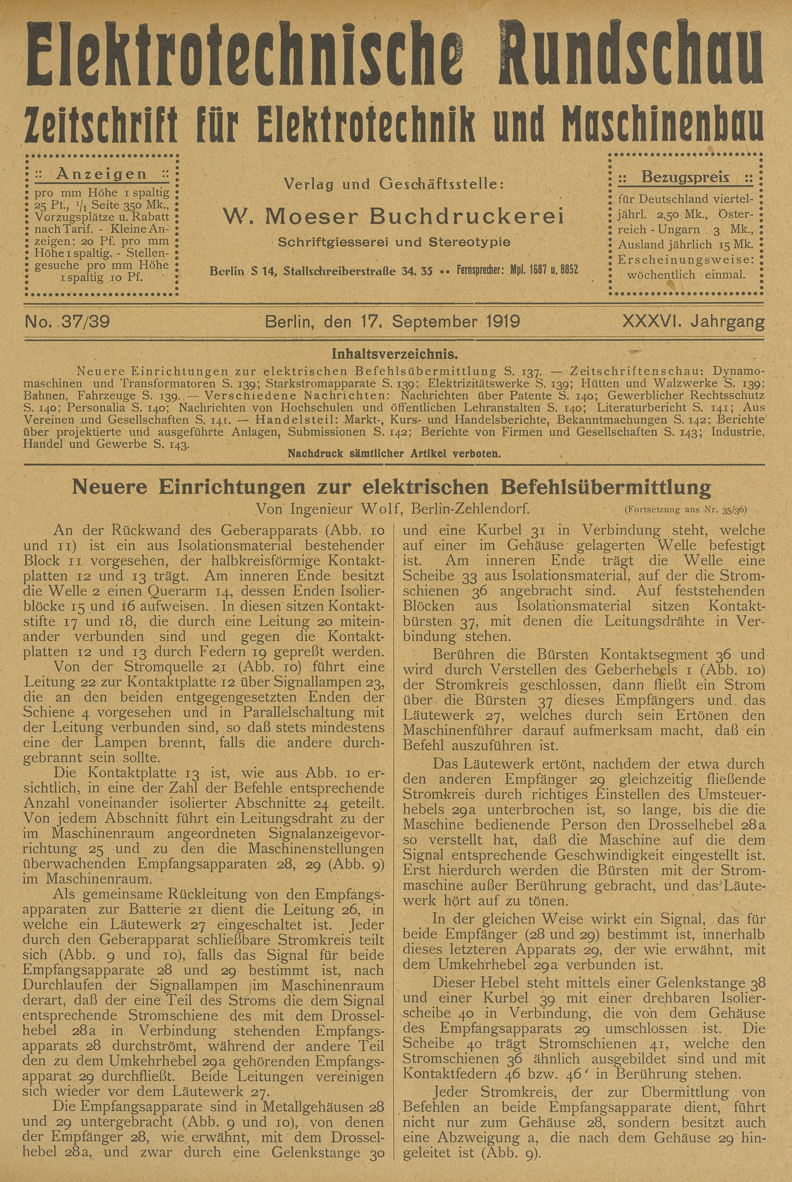 Elektrotechnische Rundschau : Zeitschrift für Elektrotechnik und Maschinenbau + Polytechnische Rundschau, No. 37/39, XXXVI. Jahrgang