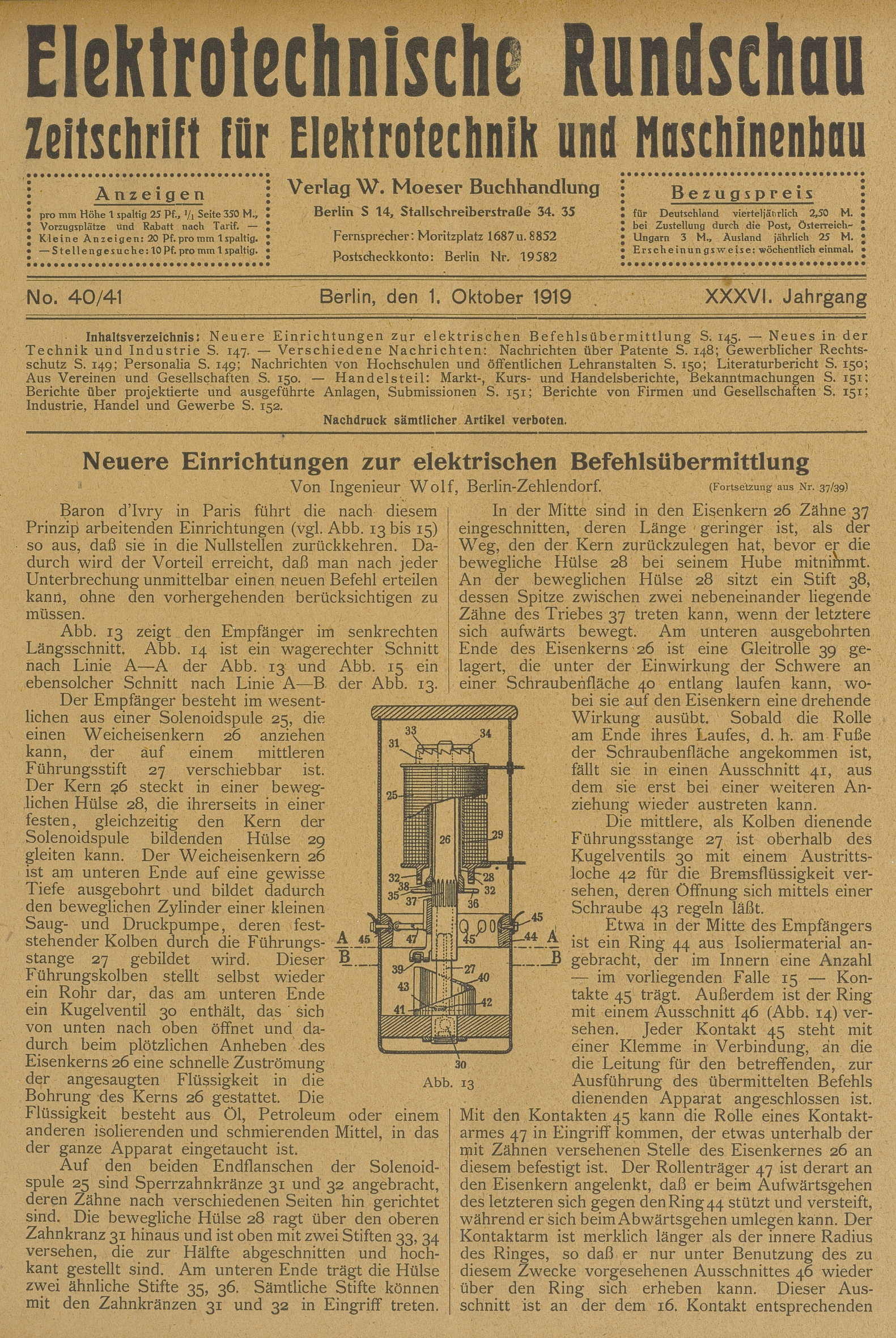 Elektrotechnische Rundschau : Zeitschrift für Elektrotechnik und Maschinenbau + Polytechnische Rundschau, No. 40/41, XXXVI. Jahrgang