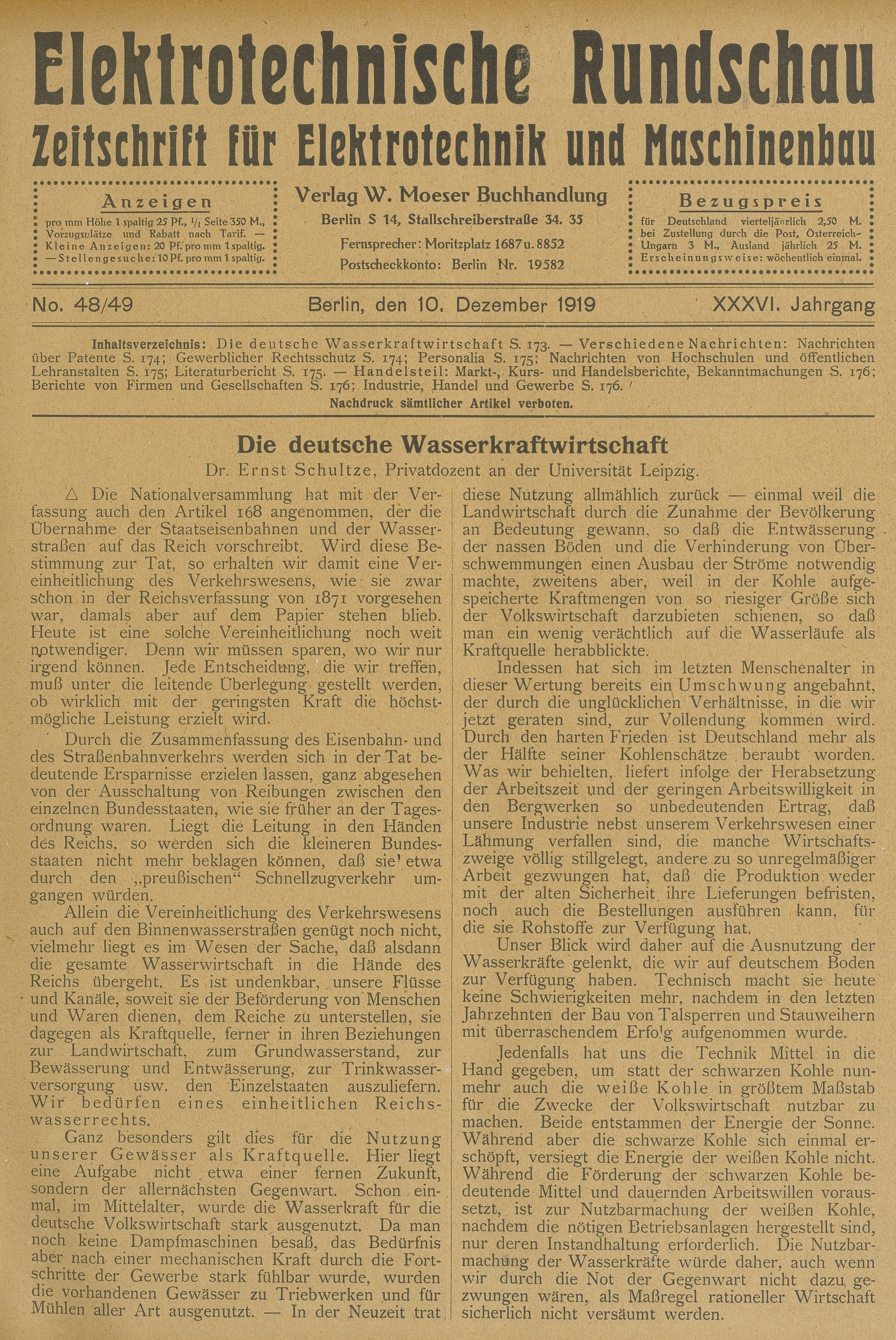 Elektrotechnische Rundschau : Zeitschrift für Elektrotechnik und Maschinenbau + Polytechnische Rundschau, No. 48/49, XXXVI. Jahrgang