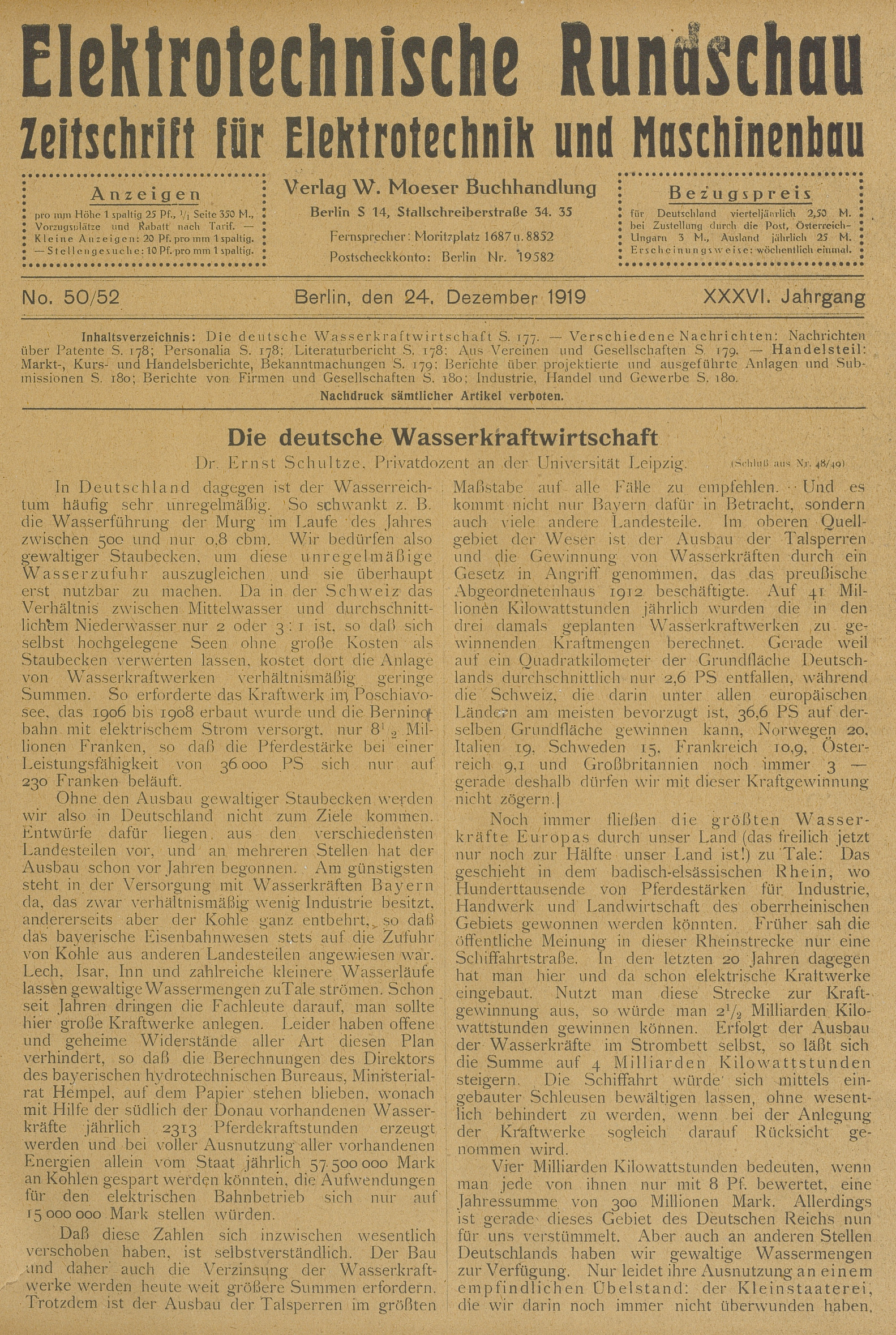 Elektrotechnische Rundschau : Zeitschrift für Elektrotechnik und Maschinenbau + Polytechnische Rundschau, No. 50/52, XXXVI. Jahrgang