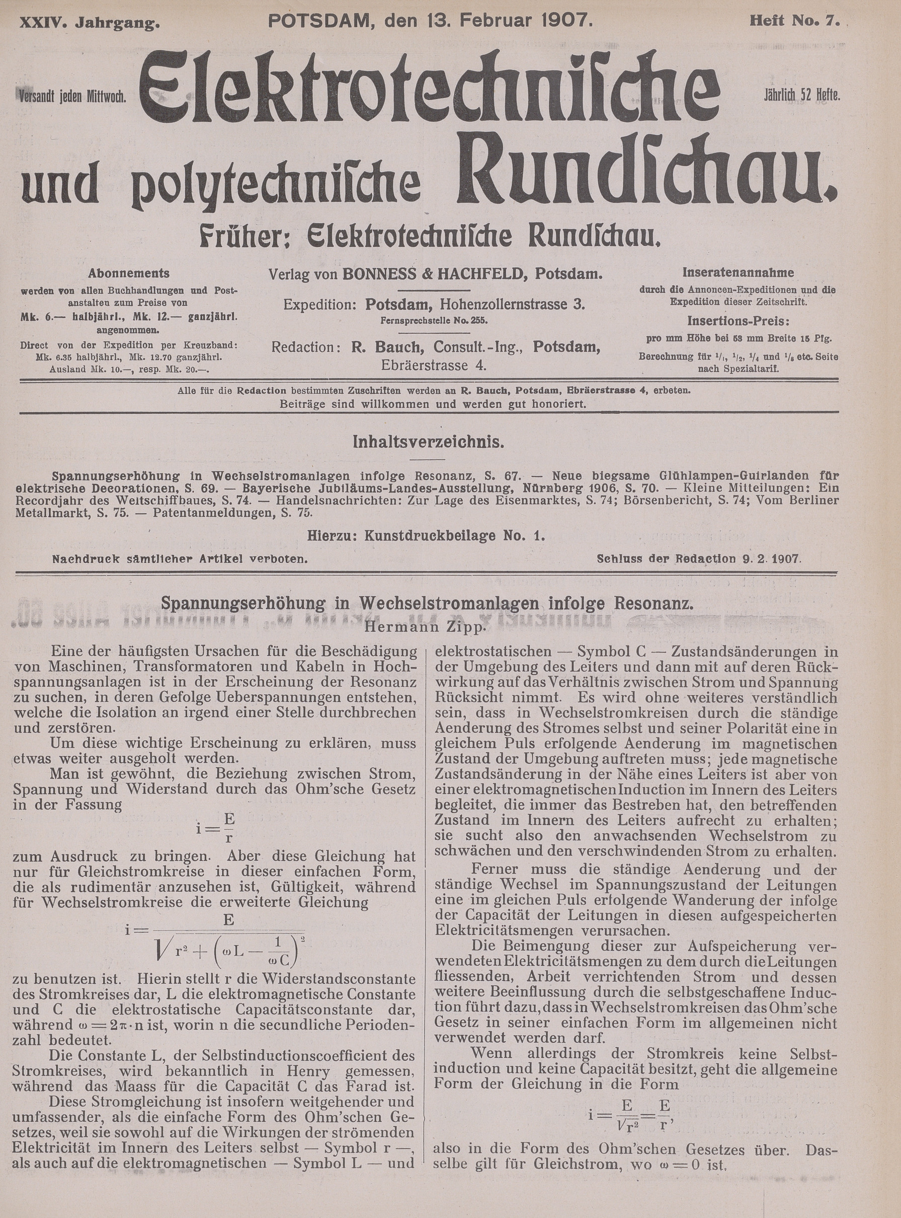 Elektrotechnische und polytechnische Rundschau, XXIV. Jahrgang, Heft No. 7
