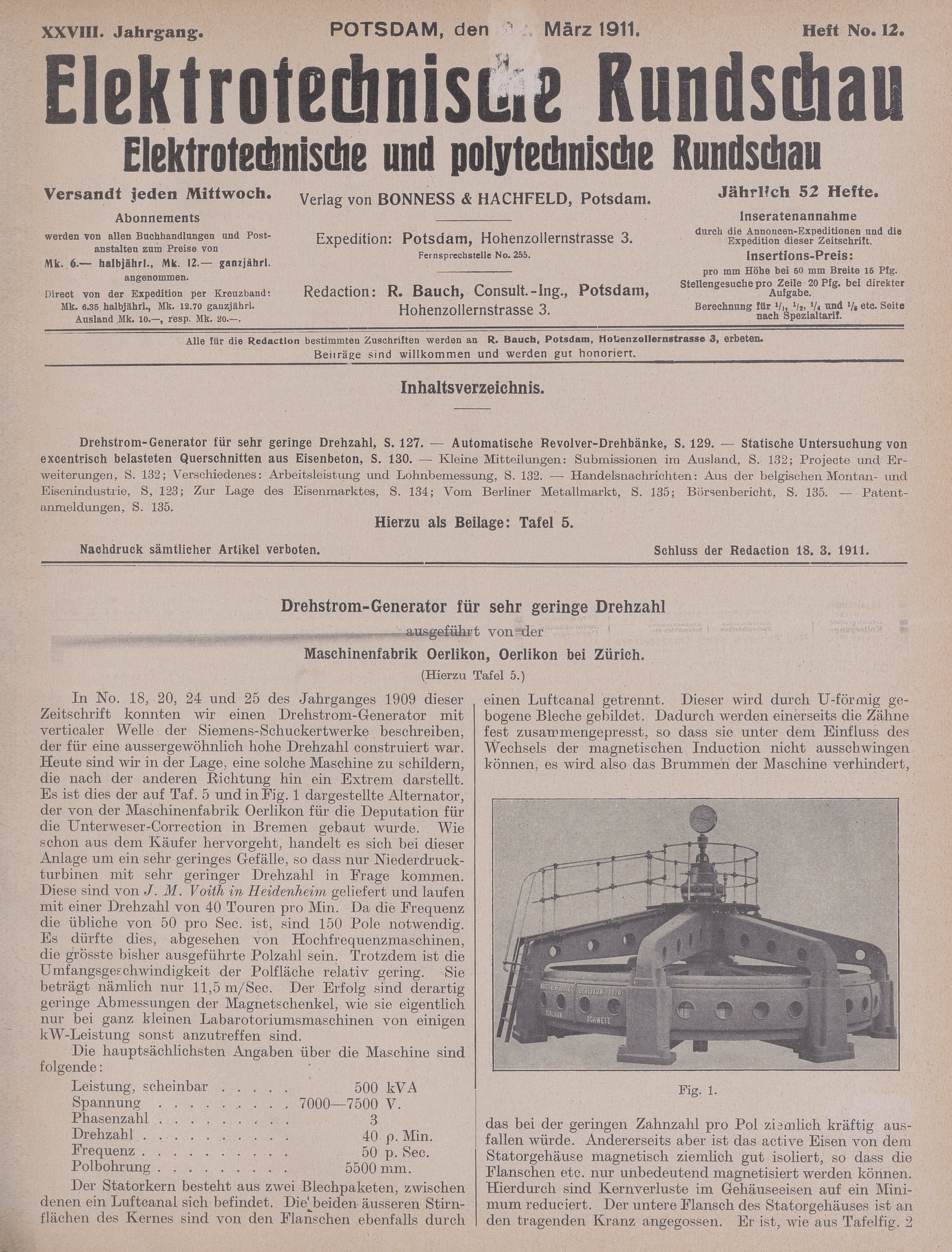 Elektrotechnische Rundschau : Elektrotechnische und polytechnische Rundschau, XXVIII. Jahrgang, Heft No. 12