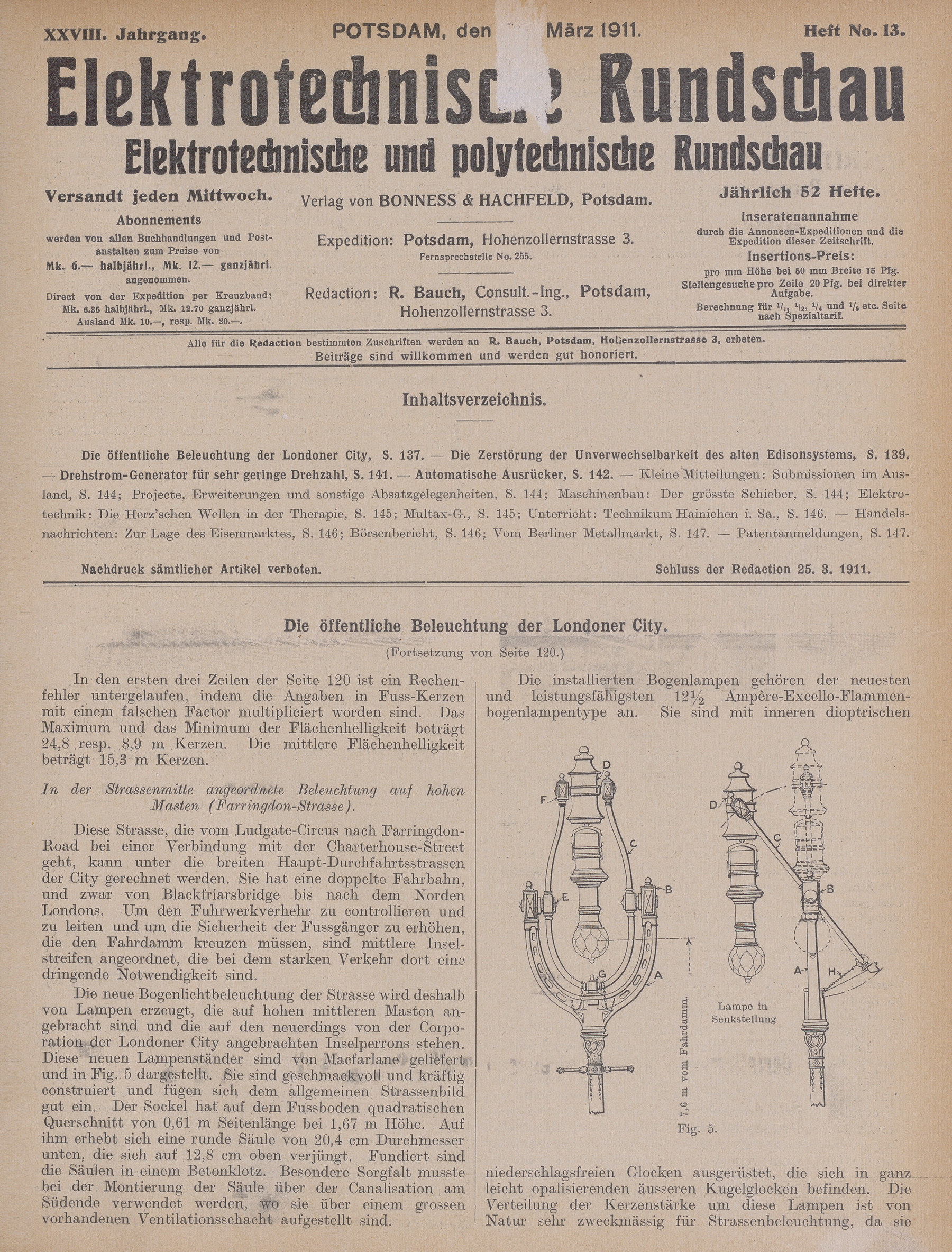 Elektrotechnische Rundschau : Elektrotechnische und polytechnische Rundschau, XXVIII. Jahrgang, Heft No. 13