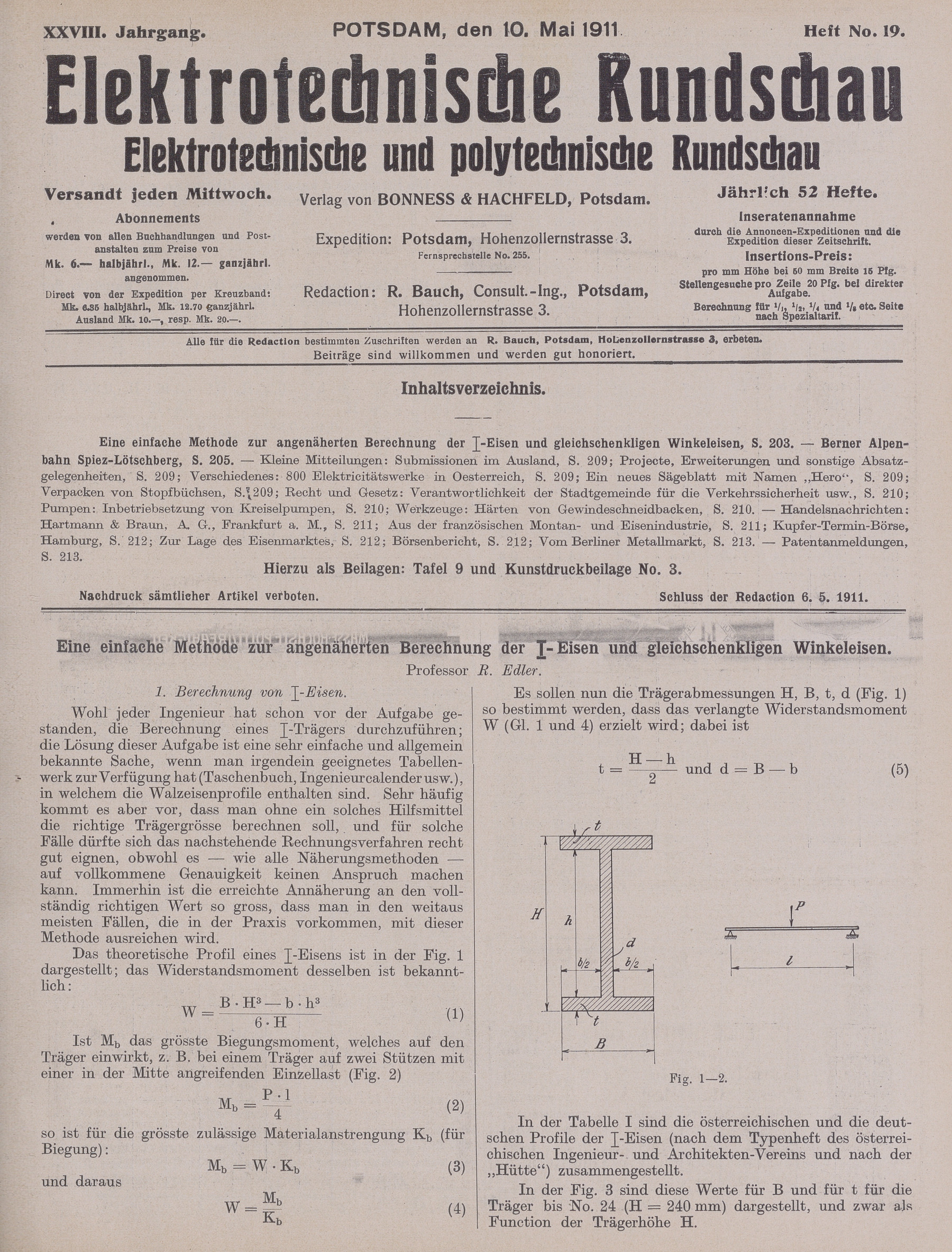 Elektrotechnische Rundschau : Elektrotechnische und polytechnische Rundschau, XXVIII. Jahrgang, Heft No. 19