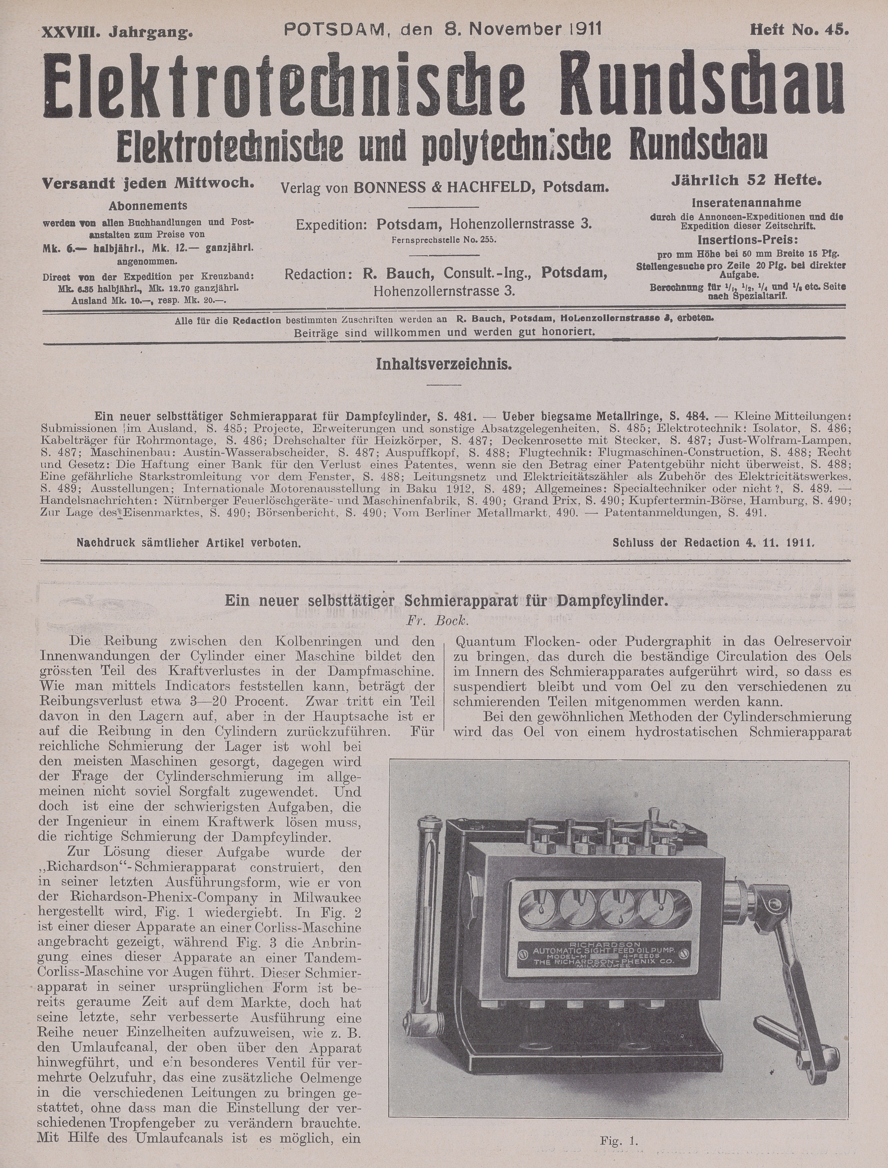 Elektrotechnische Rundschau : Elektrotechnische und polytechnische Rundschau, XXVIII. Jahrgang, Heft No. 45