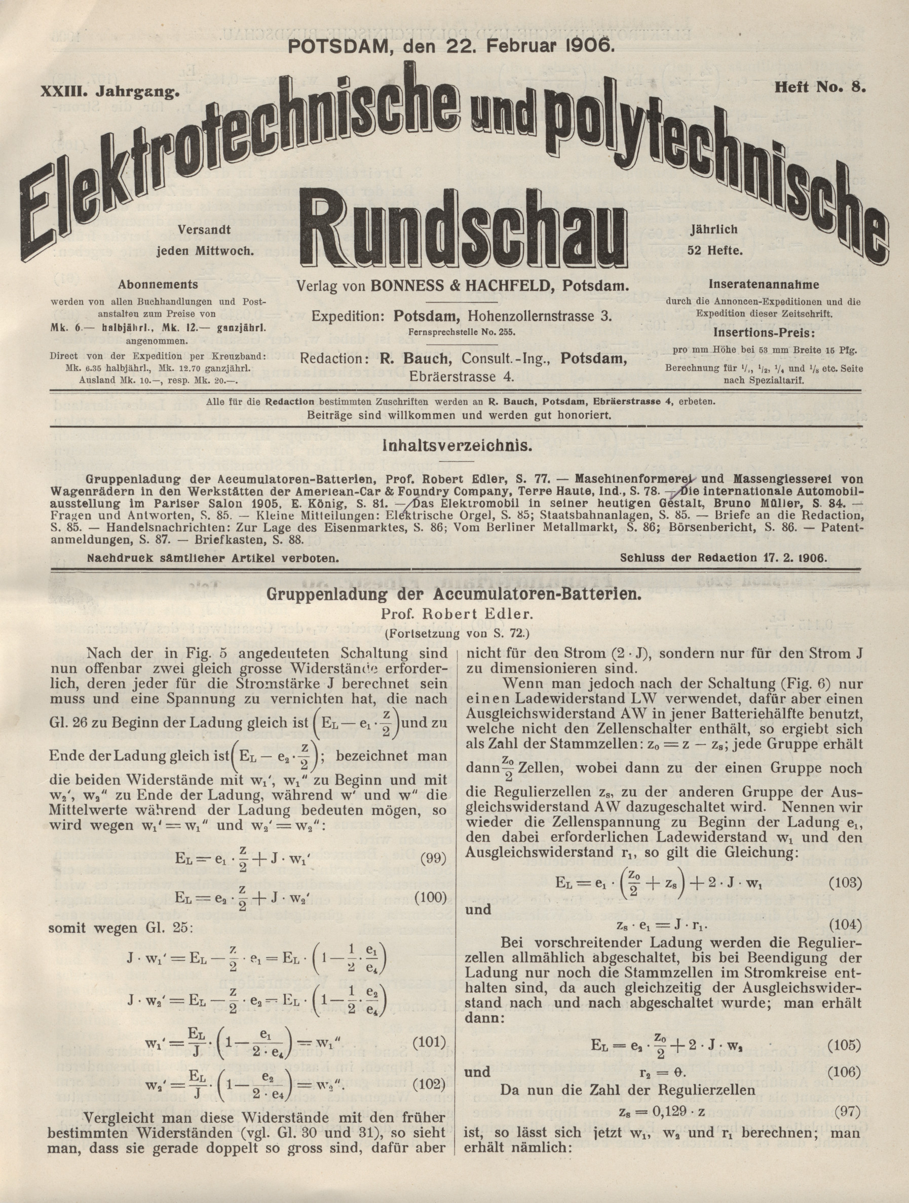 Elektrotechnische und polytechnische Rundschau, XXIII. Jahrgang, Heft No. 8