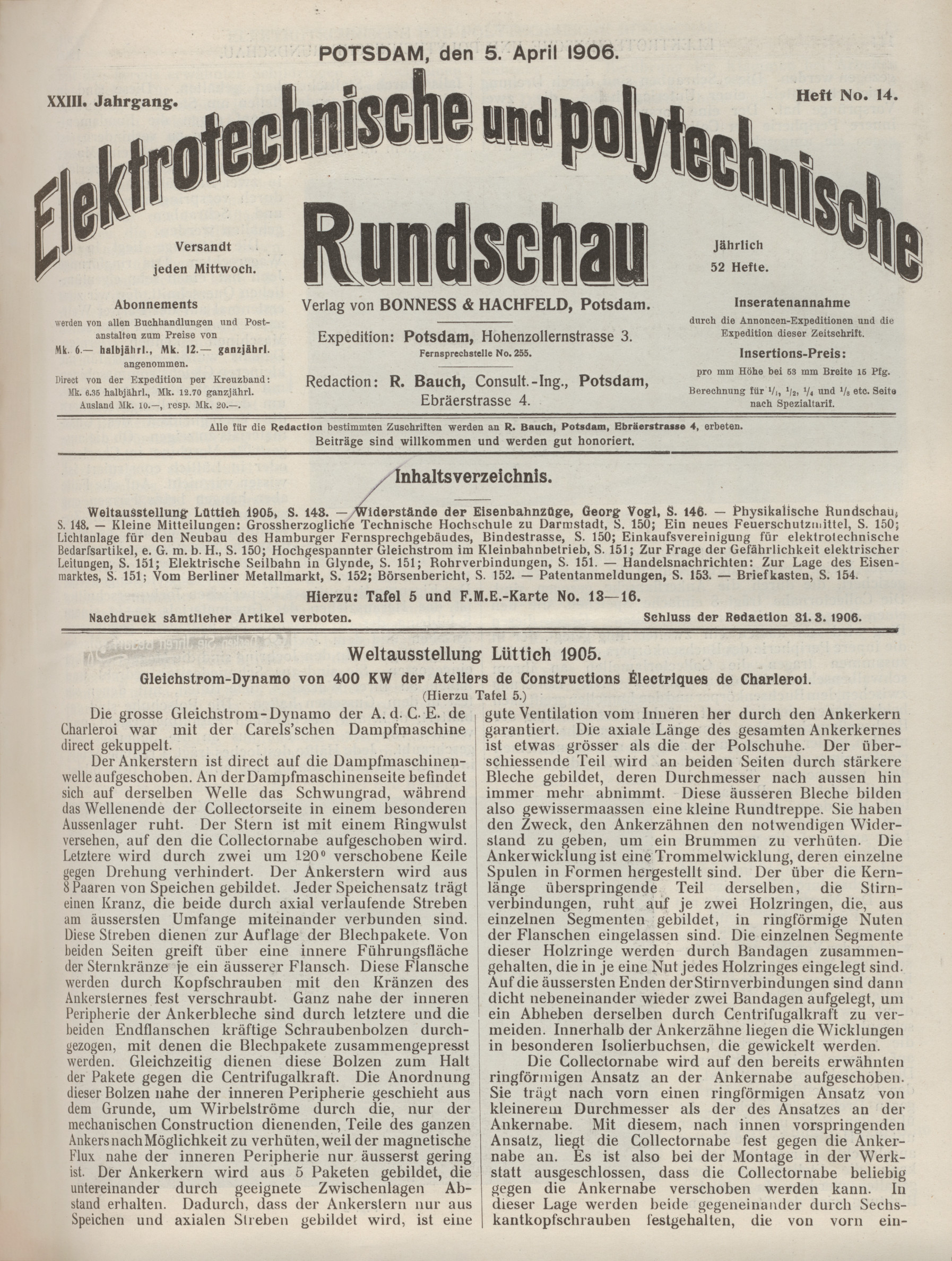Elektrotechnische und polytechnische Rundschau, XXIII. Jahrgang, Heft No. 14