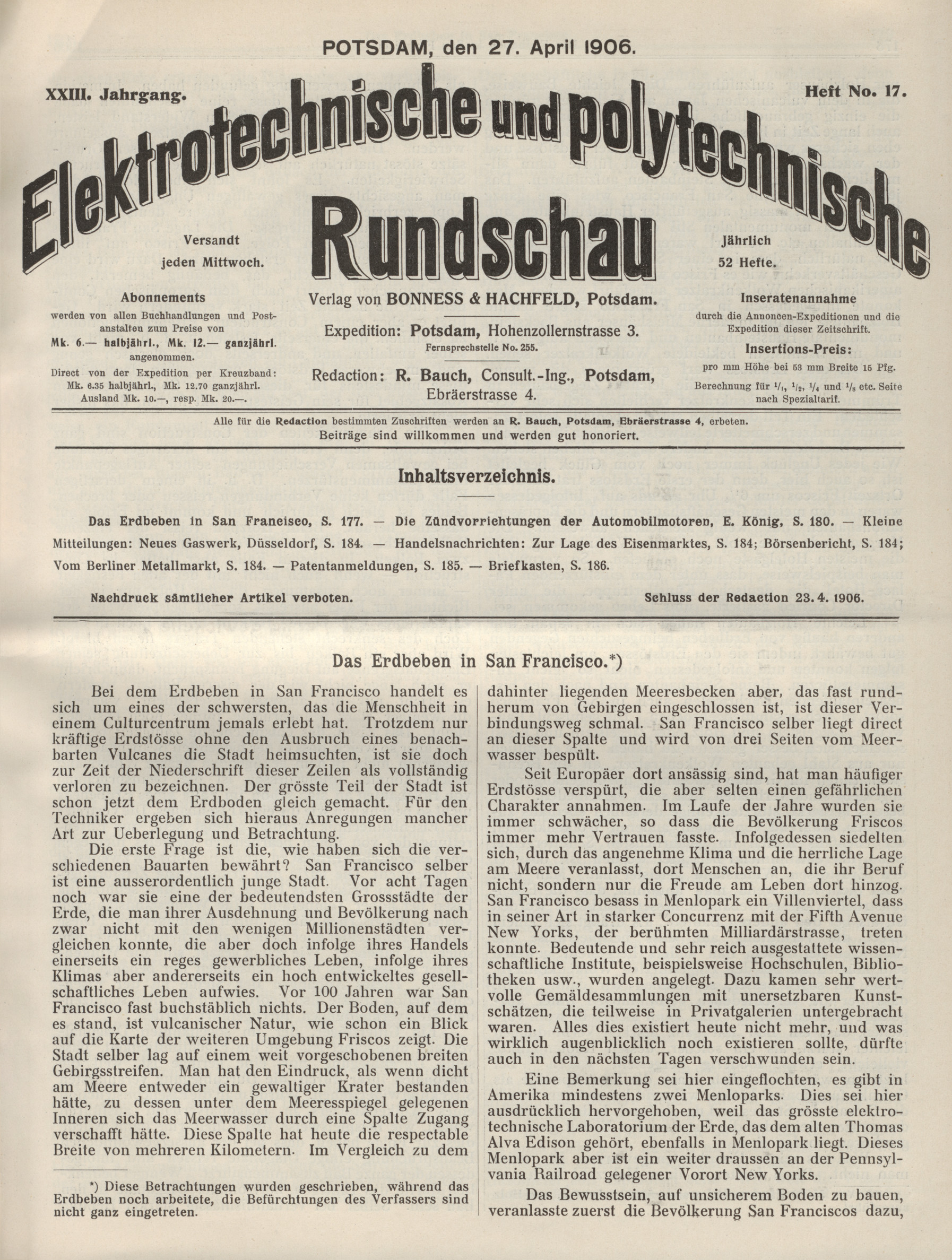Elektrotechnische und polytechnische Rundschau, XXIII. Jahrgang, Heft No. 17