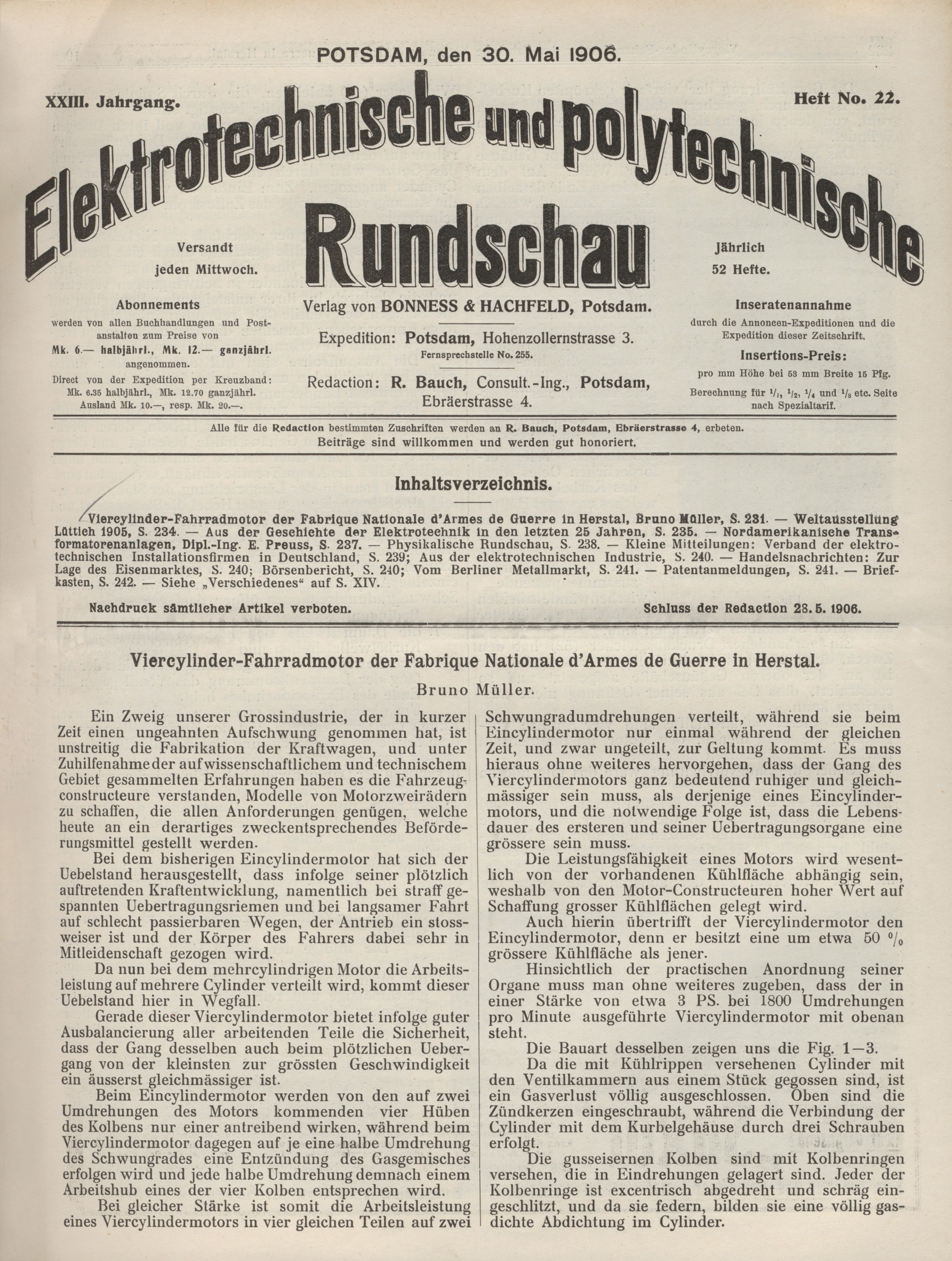 Elektrotechnische und polytechnische Rundschau, XXIII. Jahrgang, Heft No. 22