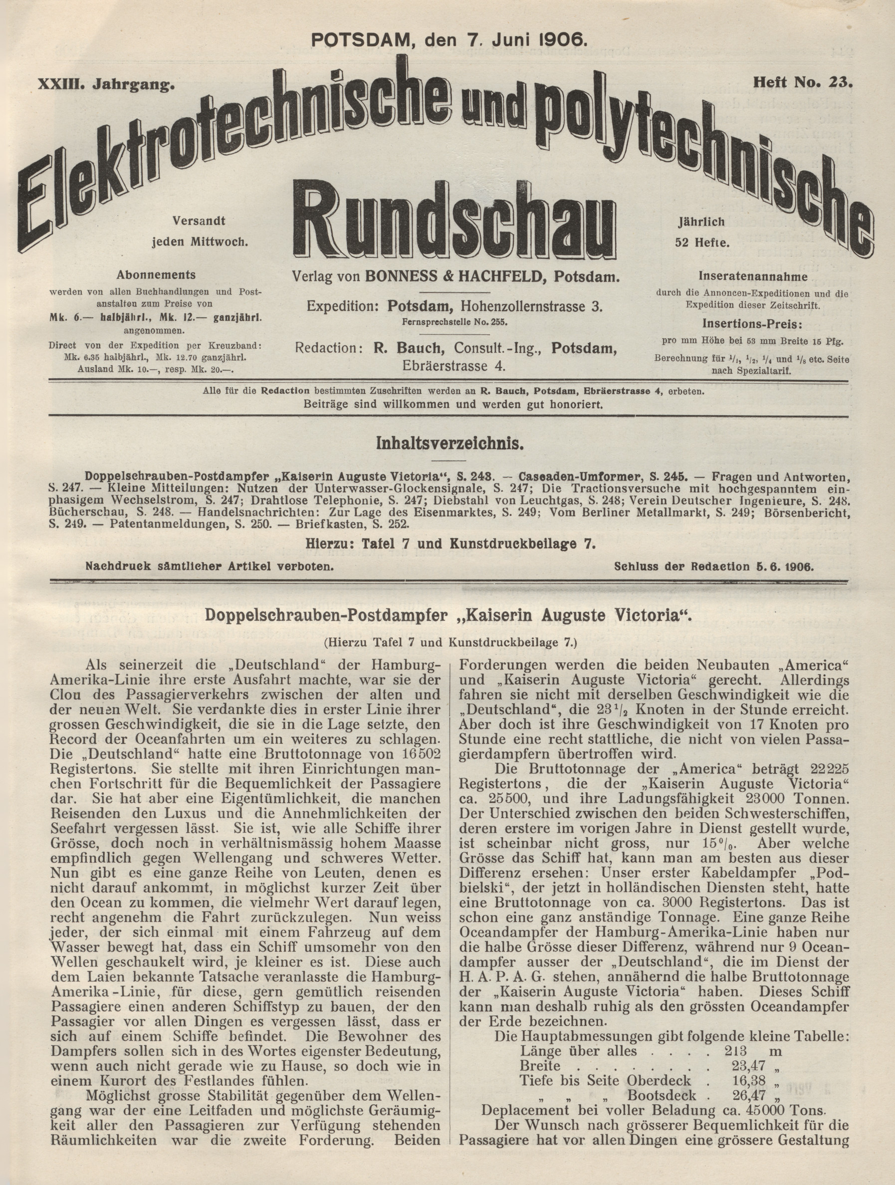 Elektrotechnische und polytechnische Rundschau, XXIII. Jahrgang, Heft No. 23