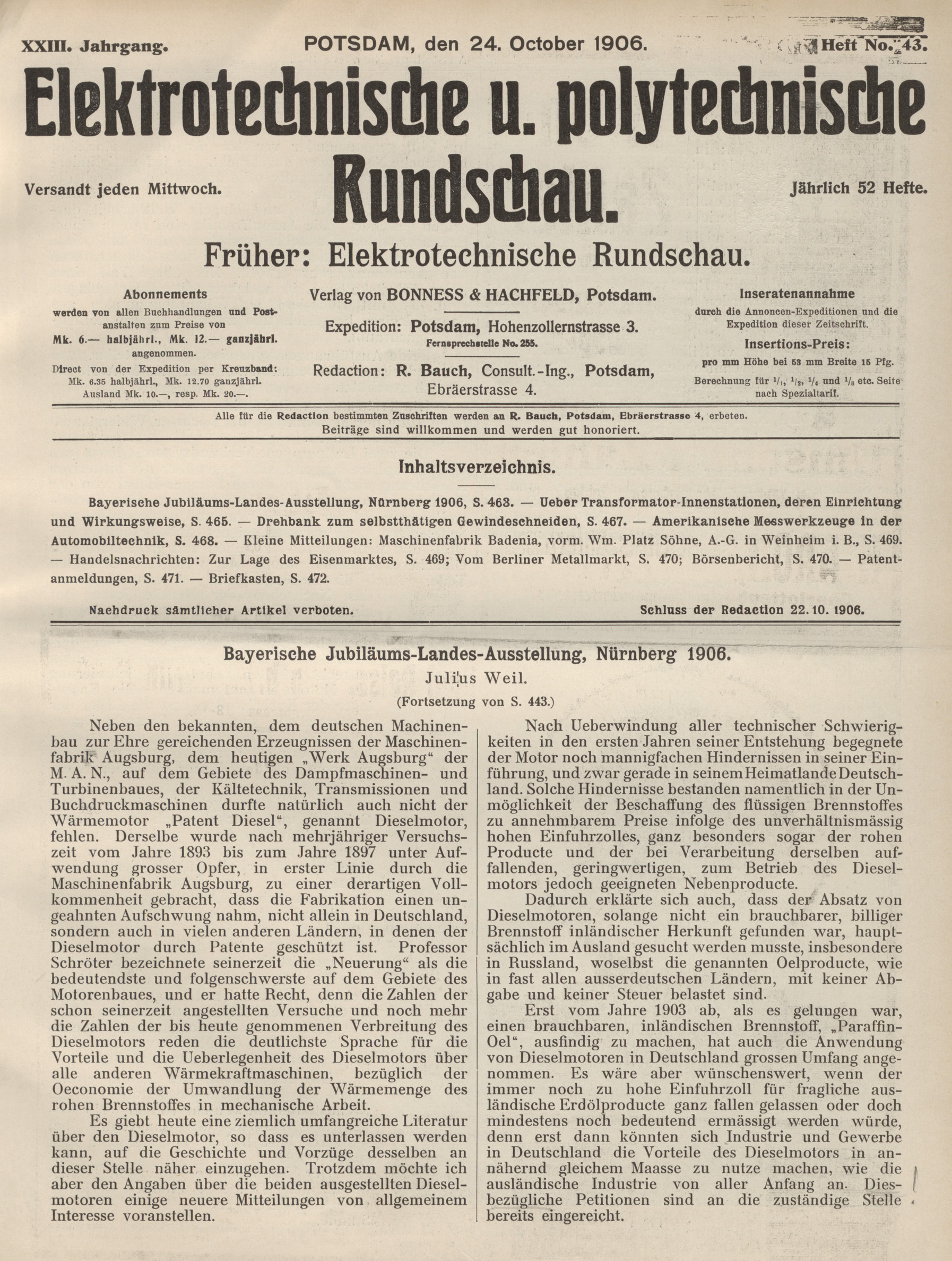 Elektrotechnische und polytechnische Rundschau, XXIII. Jahrgang, Heft No. 43