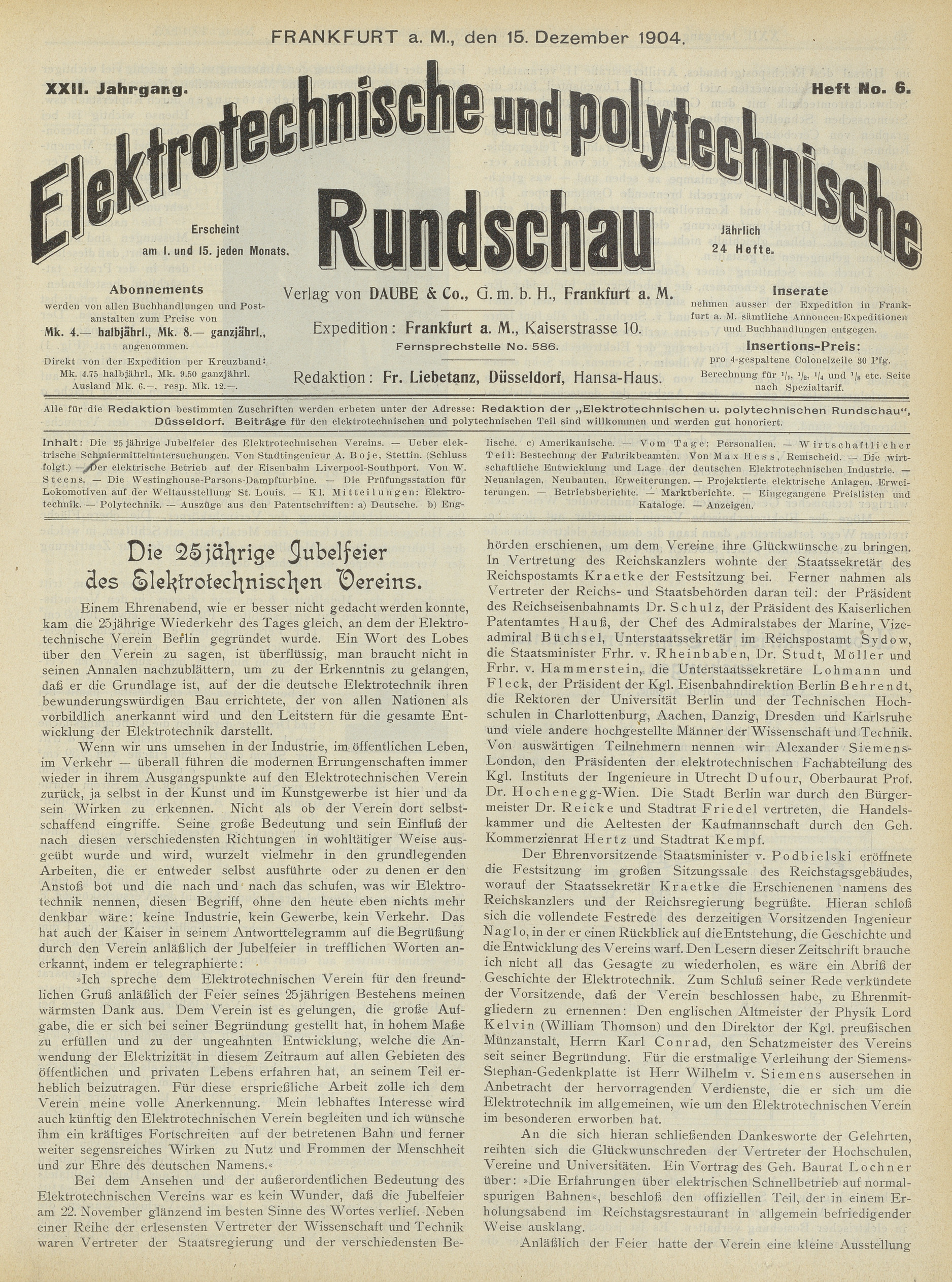 Elektrotechnische und polytechnische Rundschau, XXII. Jahrgang, Heft No. 6