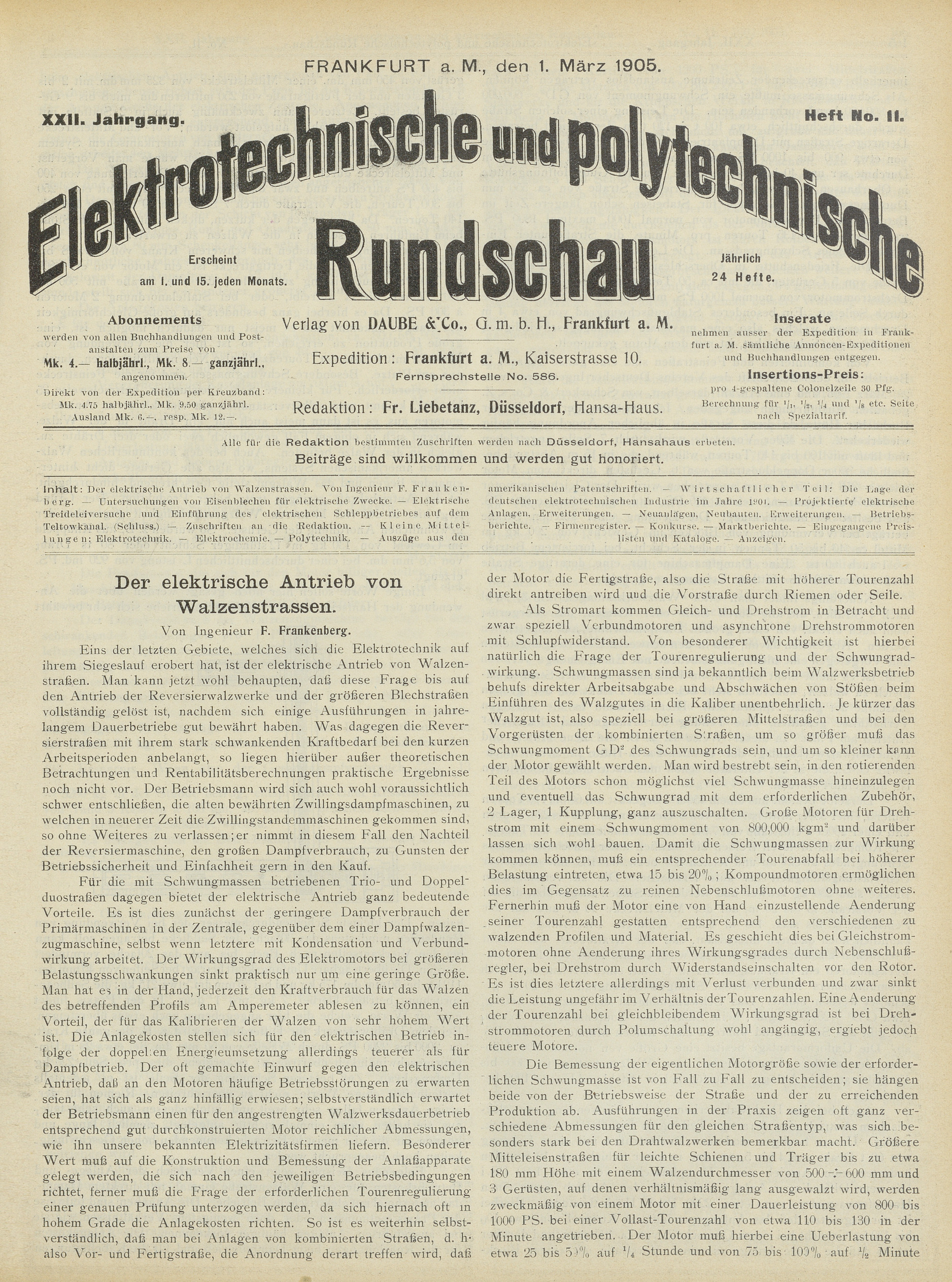 Elektrotechnische und polytechnische Rundschau, XXII. Jahrgang, Heft No. 11