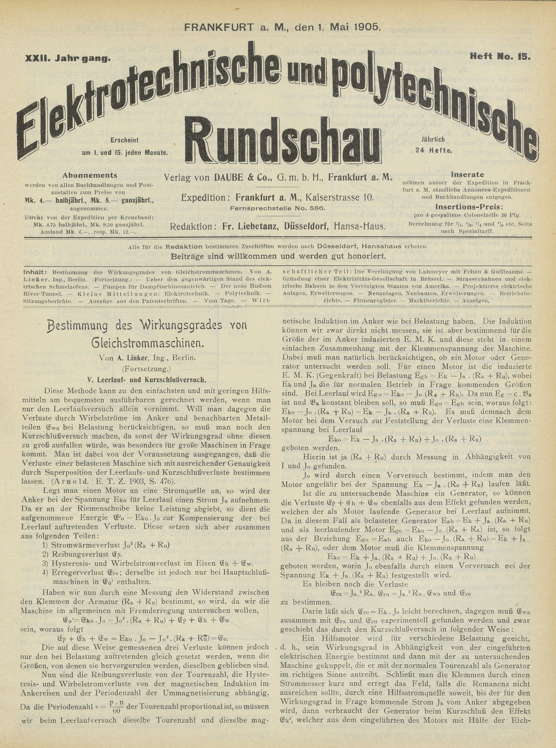 Elektrotechnische und polytechnische Rundschau, XXII. Jahrgang, Heft No. 15