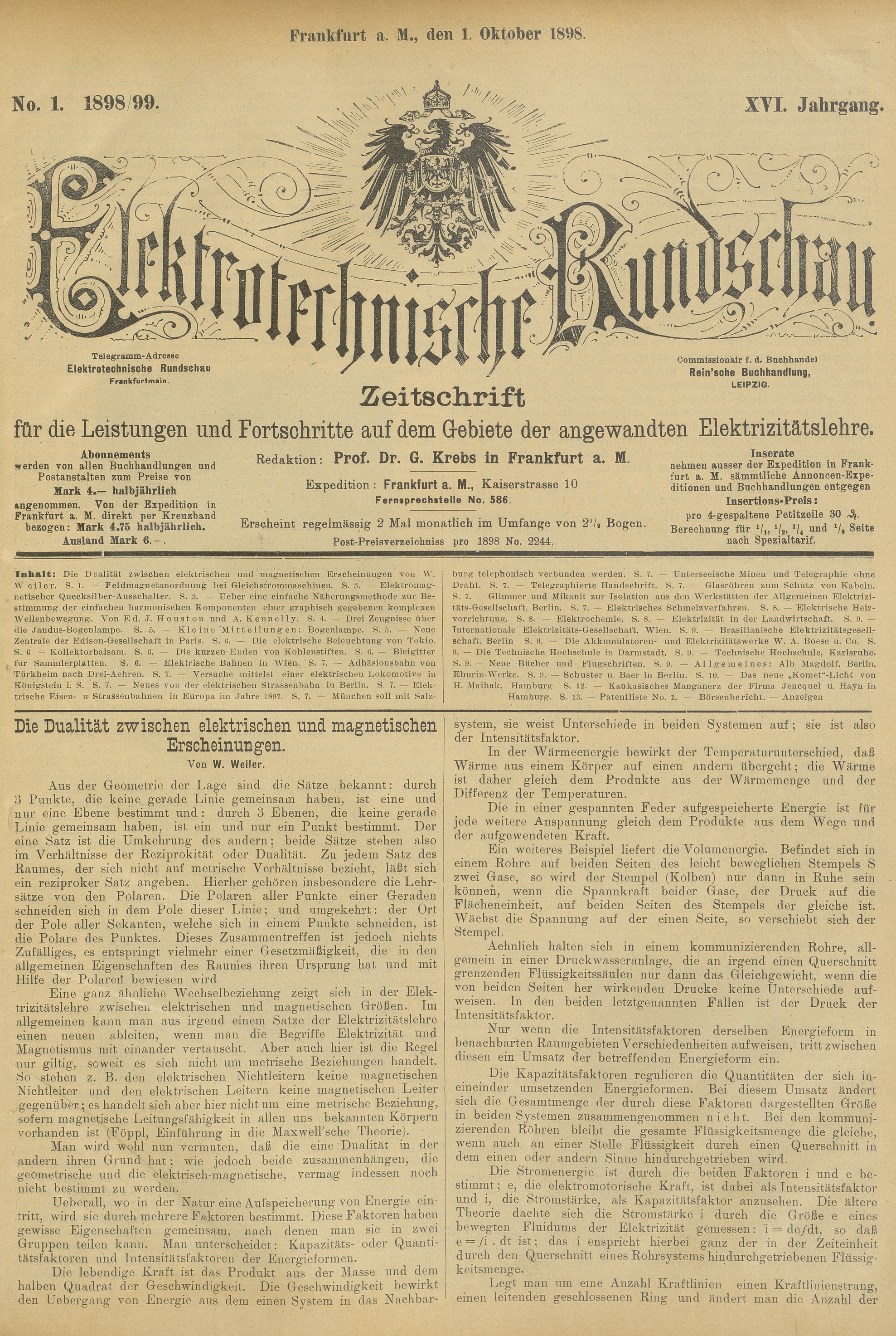 Elektrotechnische Rundschau : Zeitschrift für die Leistungen und Fortschritte auf dem Gebiete der angewandten Elektrizitätslehre, No. 1, XVI Jahrgang