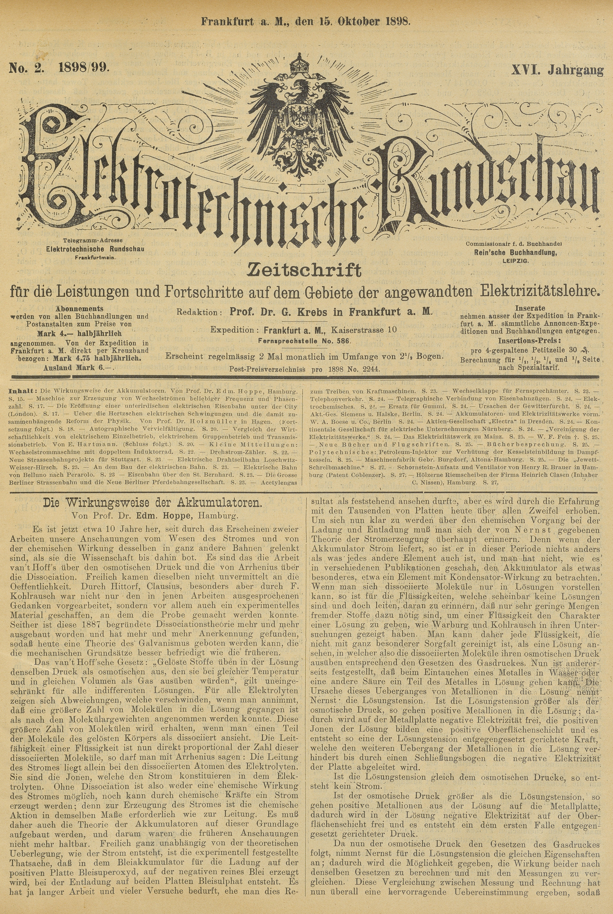 Elektrotechnische Rundschau : Zeitschrift für die Leistungen und Fortschritte auf dem Gebiete der angewandten Elektrizitätslehre, No. 2, XVI Jahrgang