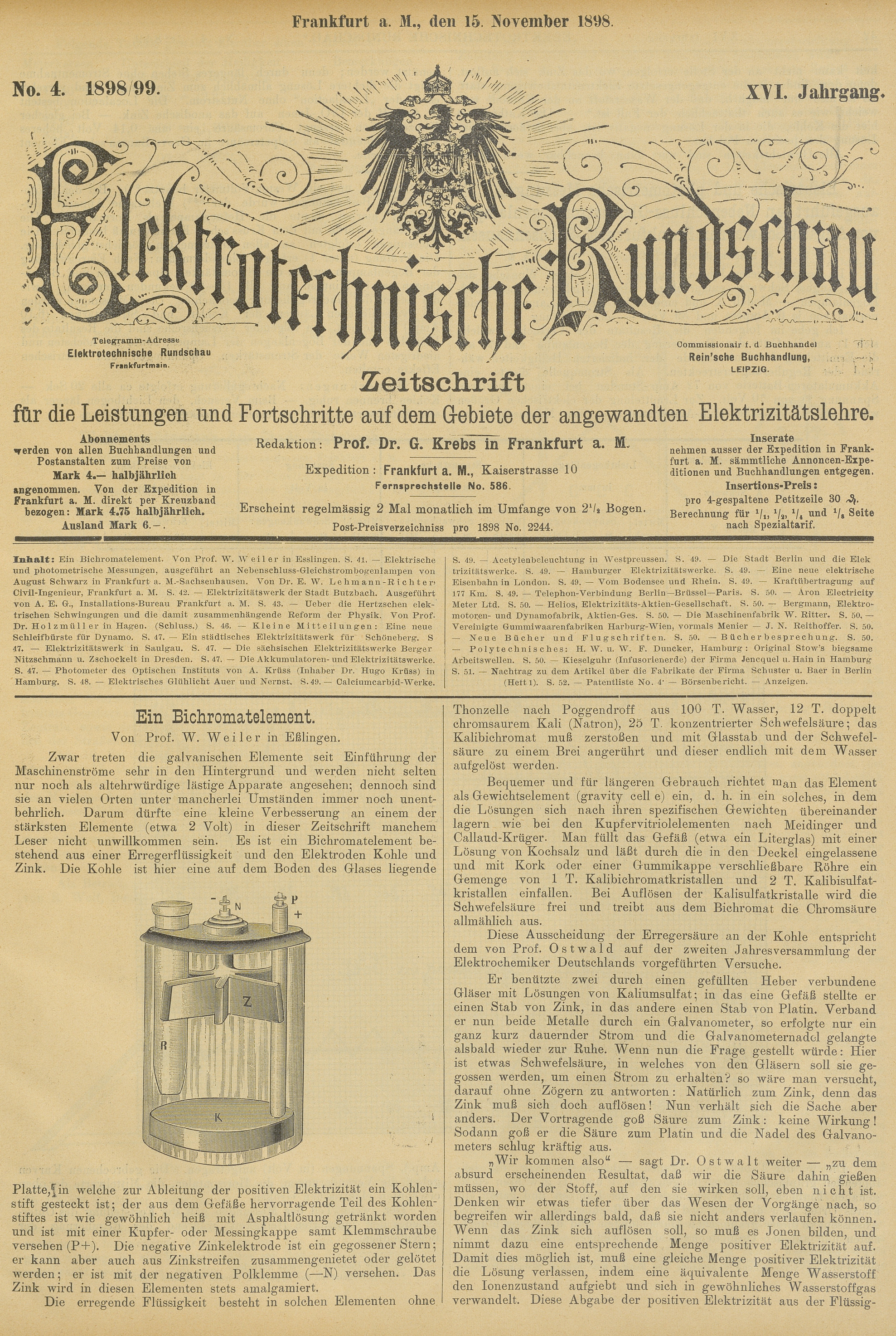 Elektrotechnische Rundschau : Zeitschrift für die Leistungen und Fortschritte auf dem Gebiete der angewandten Elektrizitätslehre, No. 4, XVI Jahrgang