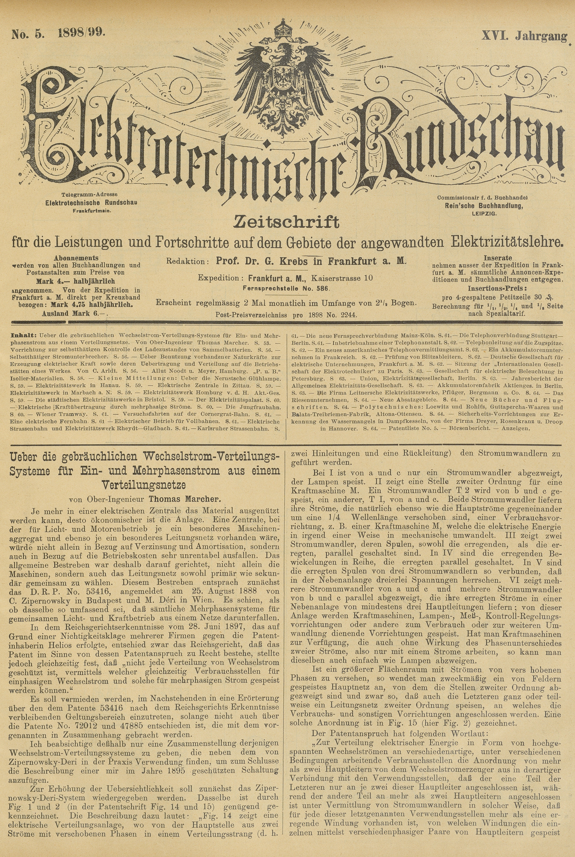 Elektrotechnische Rundschau : Zeitschrift für die Leistungen und Fortschritte auf dem Gebiete der angewandten Elektrizitätslehre, No. 5, XVI Jahrgang