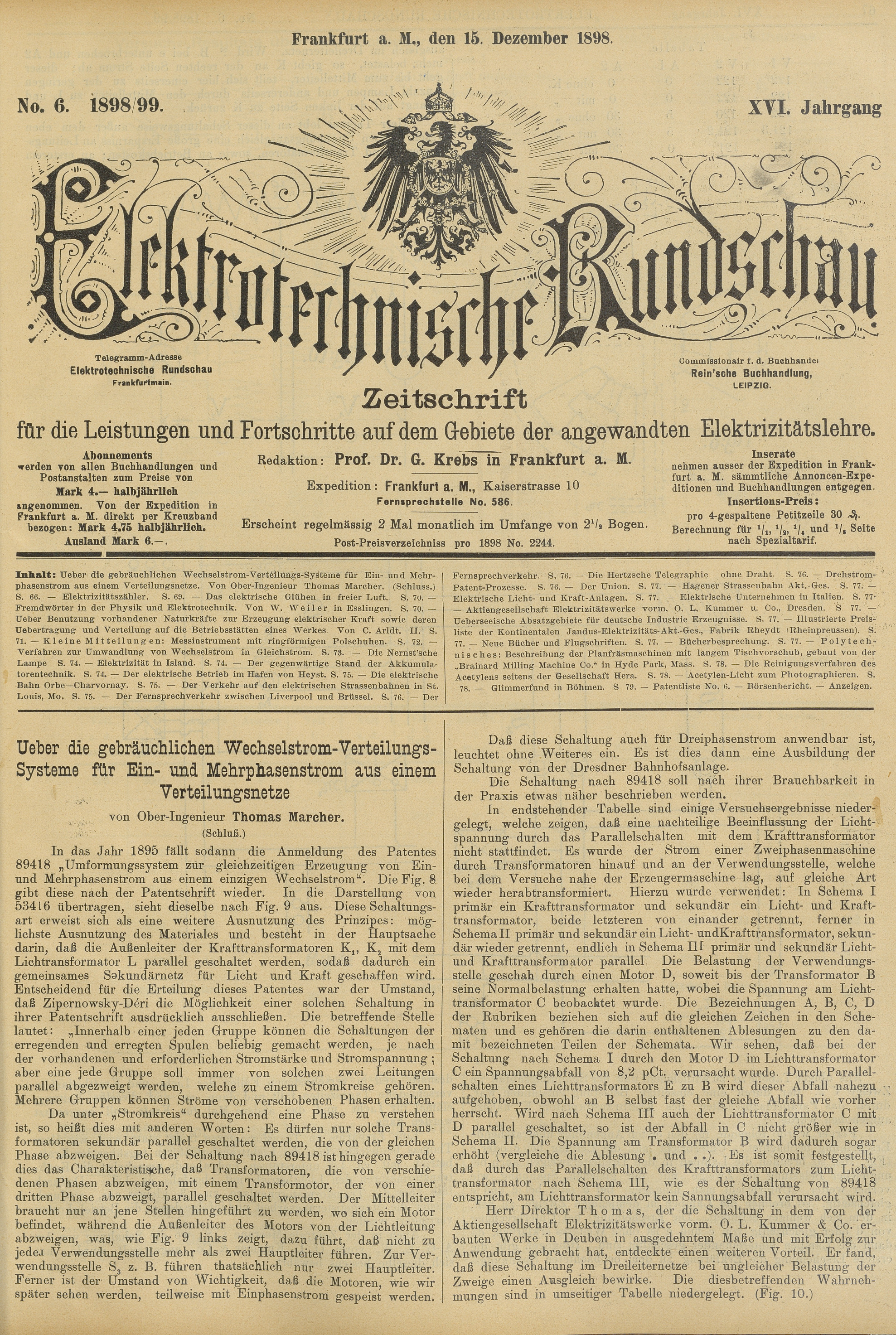 Elektrotechnische Rundschau : Zeitschrift für die Leistungen und Fortschritte auf dem Gebiete der angewandten Elektrizitätslehre, No. 6, XVI Jahrgang