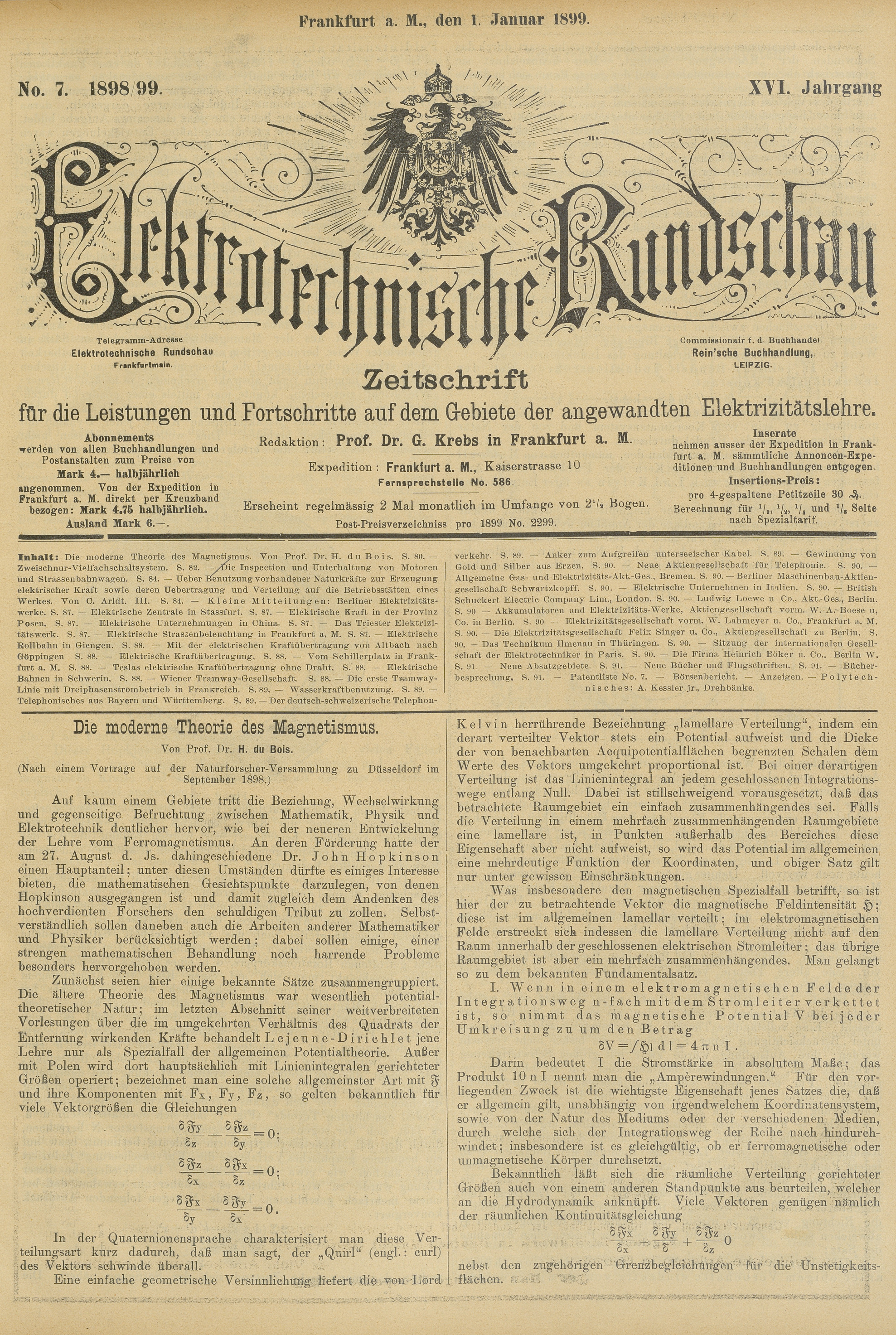 Elektrotechnische Rundschau : Zeitschrift für die Leistungen und Fortschritte auf dem Gebiete der angewandten Elektrizitätslehre, No. 7, XVI Jahrgang