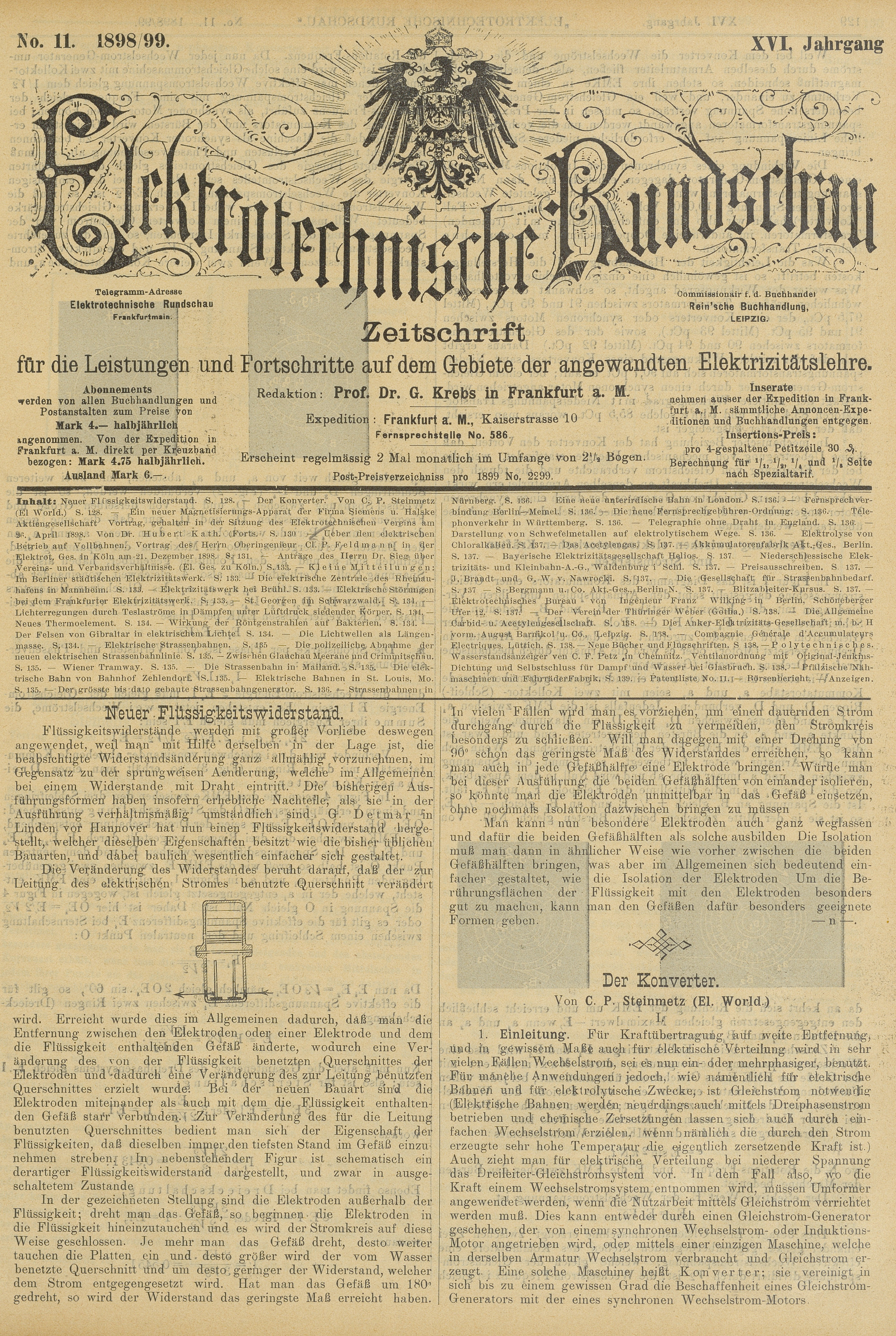 Elektrotechnische Rundschau : Zeitschrift für die Leistungen und Fortschritte auf dem Gebiete der angewandten Elektrizitätslehre, No. 11, XVI Jahrgang