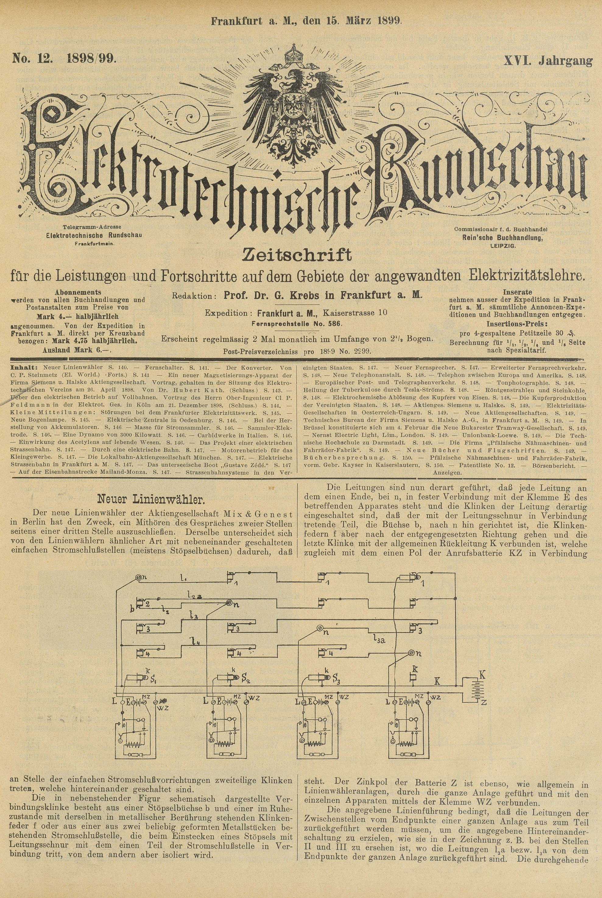 Elektrotechnische Rundschau : Zeitschrift für die Leistungen und Fortschritte auf dem Gebiete der angewandten Elektrizitätslehre, No. 12, XVI Jahrgang