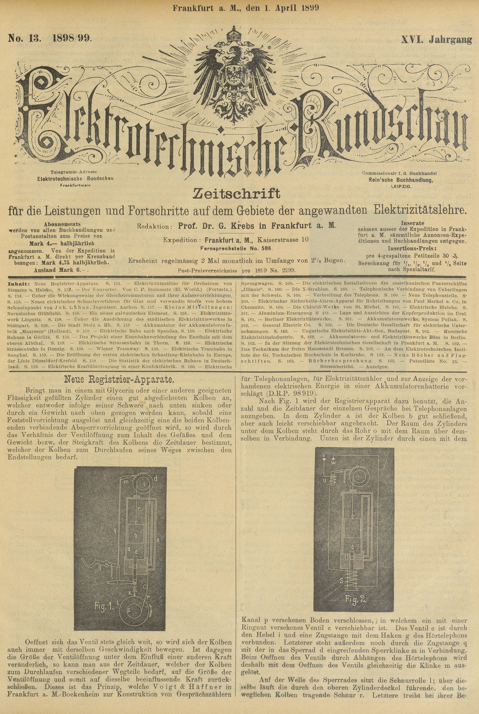 Elektrotechnische Rundschau : Zeitschrift für die Leistungen und Fortschritte auf dem Gebiete der angewandten Elektrizitätslehre, No. 13, XVI Jahrgang