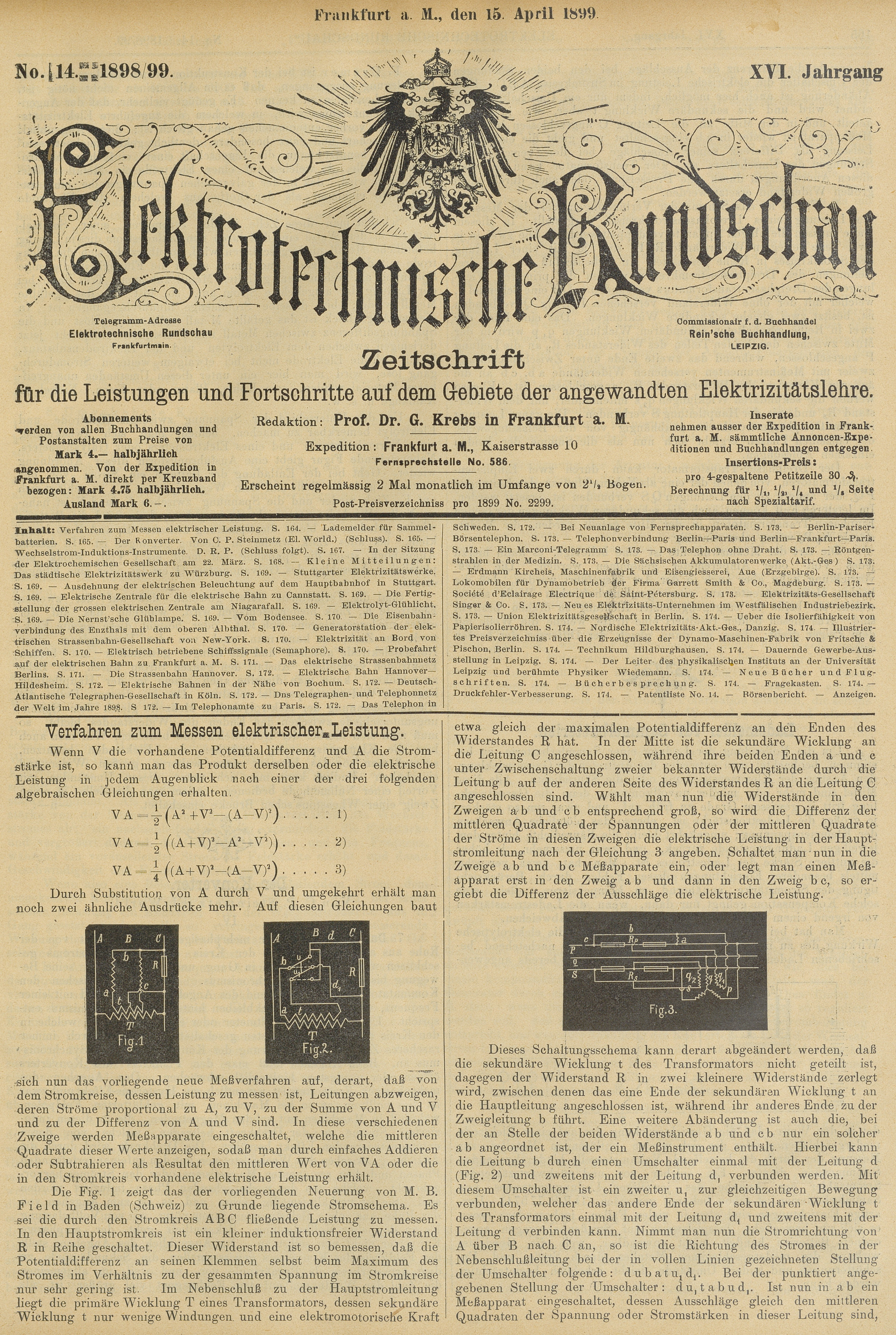 Elektrotechnische Rundschau : Zeitschrift für die Leistungen und Fortschritte auf dem Gebiete der angewandten Elektrizitätslehre, No. 14, XVI Jahrgang