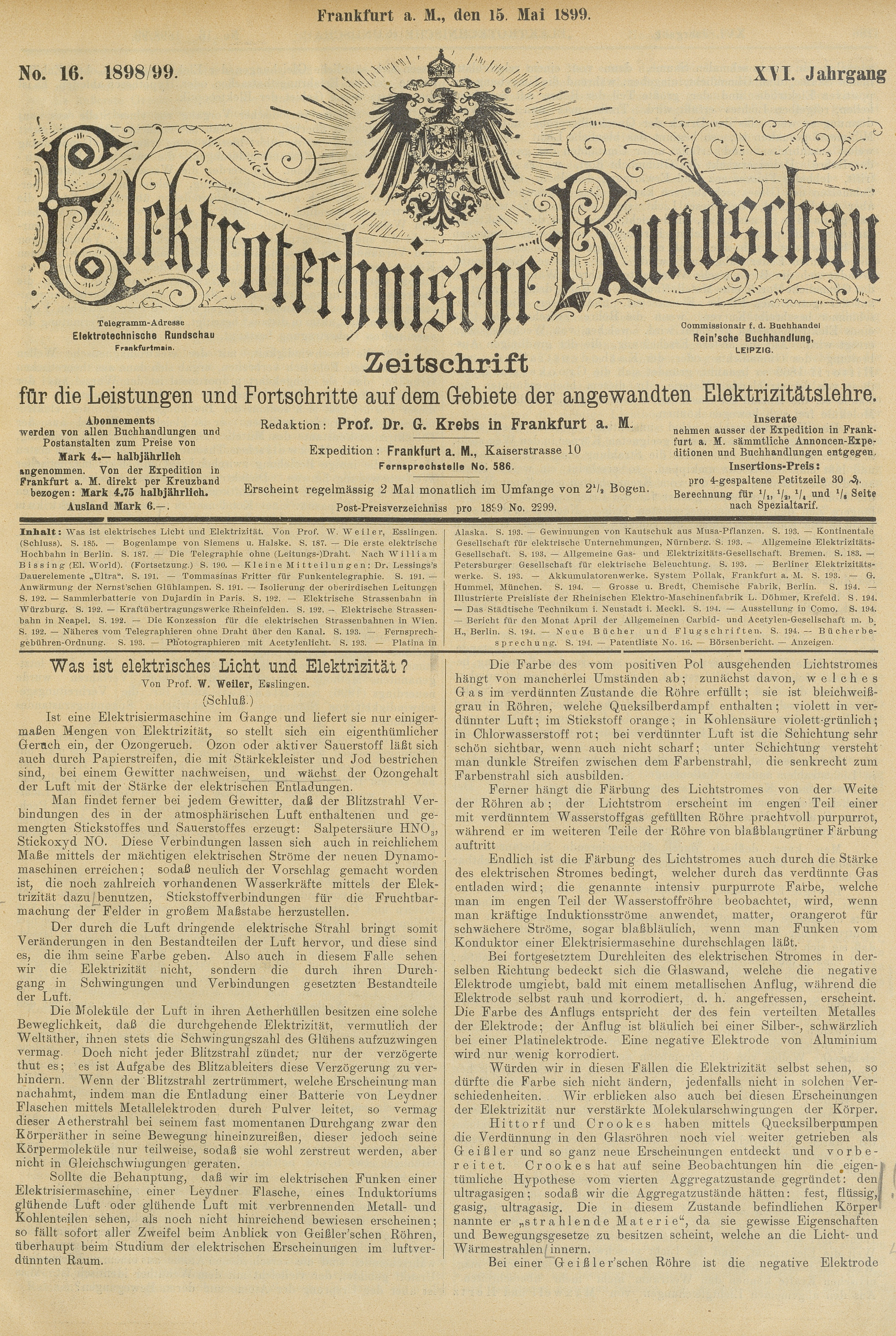 Elektrotechnische Rundschau : Zeitschrift für die Leistungen und Fortschritte auf dem Gebiete der angewandten Elektrizitätslehre, No. 16, XVI Jahrgang