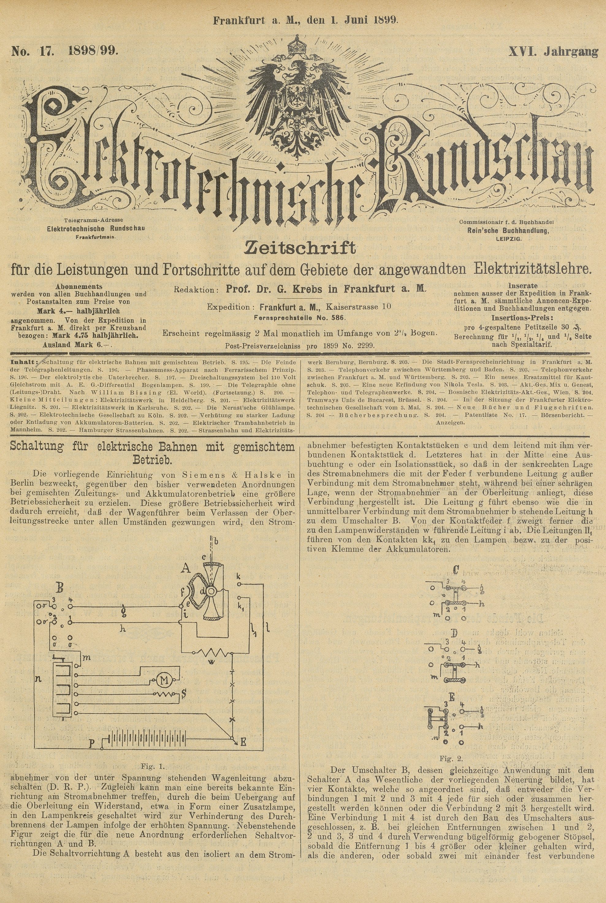 Elektrotechnische Rundschau : Zeitschrift für die Leistungen und Fortschritte auf dem Gebiete der angewandten Elektrizitätslehre, No. 17, XVI Jahrgang