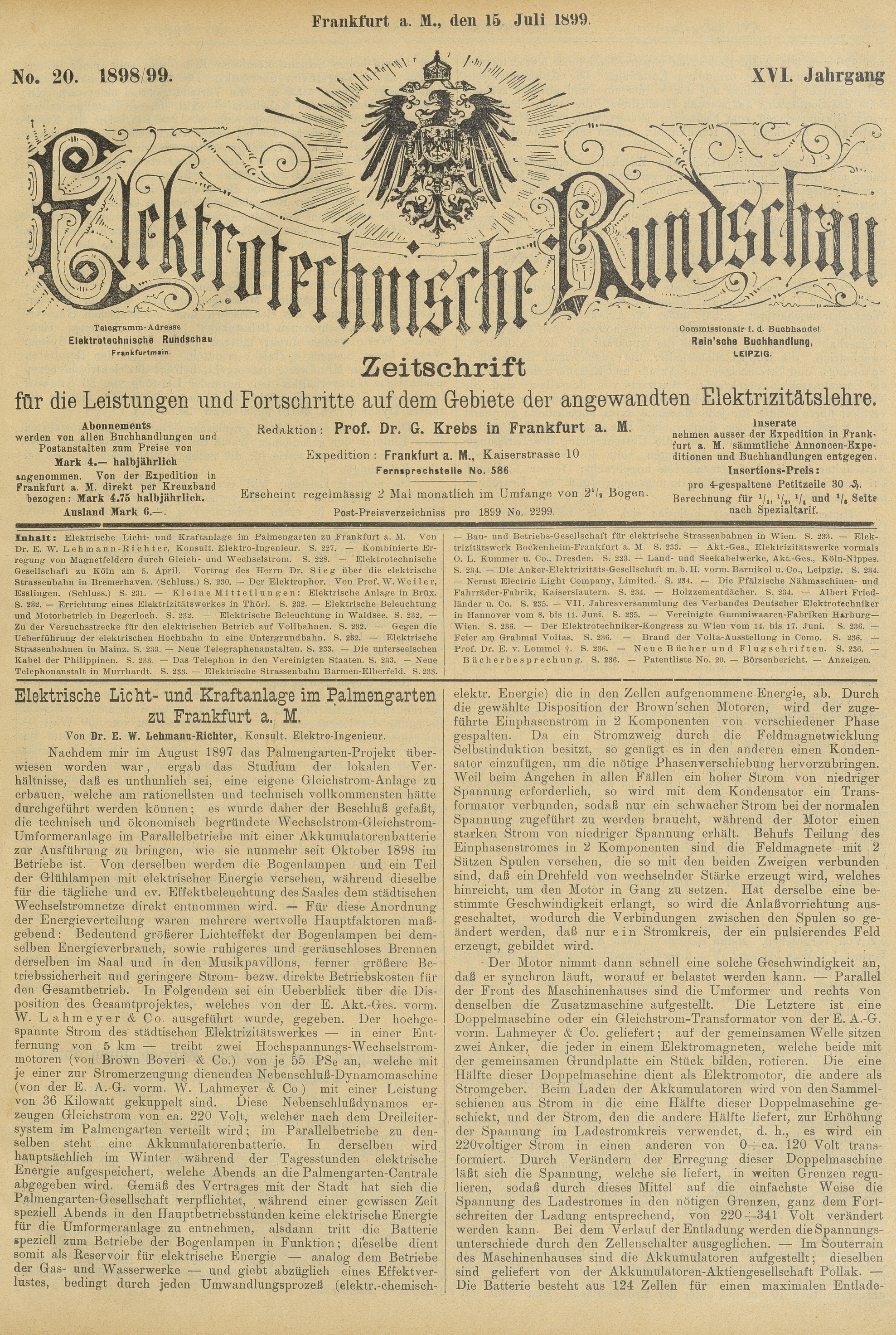 Elektrotechnische Rundschau : Zeitschrift für die Leistungen und Fortschritte auf dem Gebiete der angewandten Elektrizitätslehre, No. 1, XVI Jahrgang